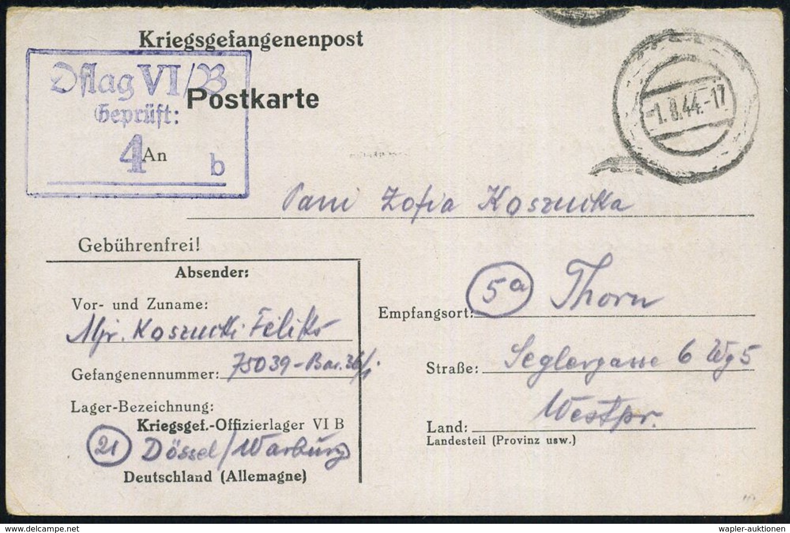 Dössel-Warburg 1944 (1.8.) Stummer 2K-Steg = Tarnstempel Warburg + Viol. Ra.4: Oflag VI - B/ Geprüft:/4 B Auf Entspr. Kg - Croix-Rouge