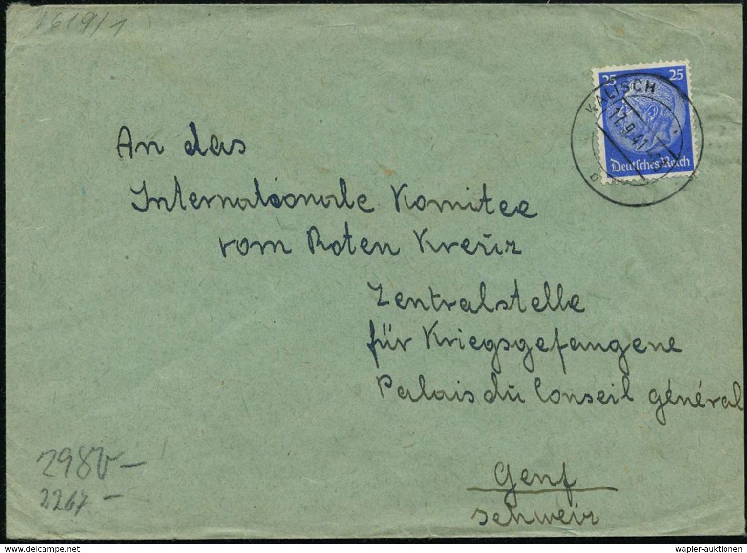 KALISCH/ B 1941 (17.9.) Aptierter 2K-Steg (rechts Text Entfernt) Auf EF 25 Pf. Hindenbg. (Mi.522 EF) Rs. OKW-Zensurstrei - Croix-Rouge