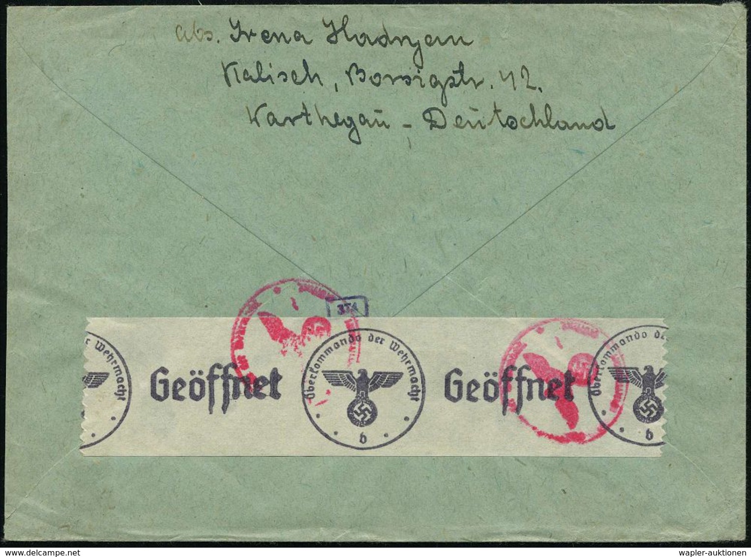 KALISCH/ B 1941 (17.9.) Aptierter 2K-Steg (rechts Text Entfernt) Auf EF 25 Pf. Hindenbg. (Mi.522 EF) Rs. OKW-Zensurstrei - Croix-Rouge