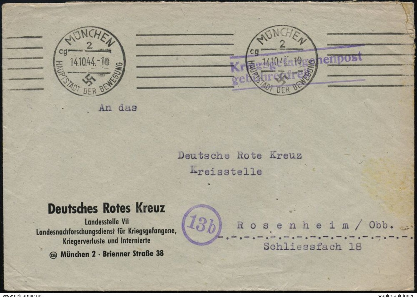 MÜNCHEN/ 2/ Cg/ HDB 1944 (14.10.) Bd.MWSt Auf Dienst-Bf.: Deutsches Rotes Kreuz.. Landesnachforschungsstelle Für Kriegsg - Red Cross