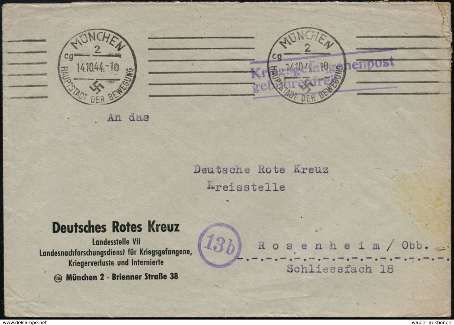 MÜNCHEN/ 2/ Cg/ HDB 1944 (14.10.) Bd.MWSt Auf Dienst-Bf.: Deutsches Rotes Kreuz.. Landesnachforschungsstelle Für Kriegsg - Croix-Rouge