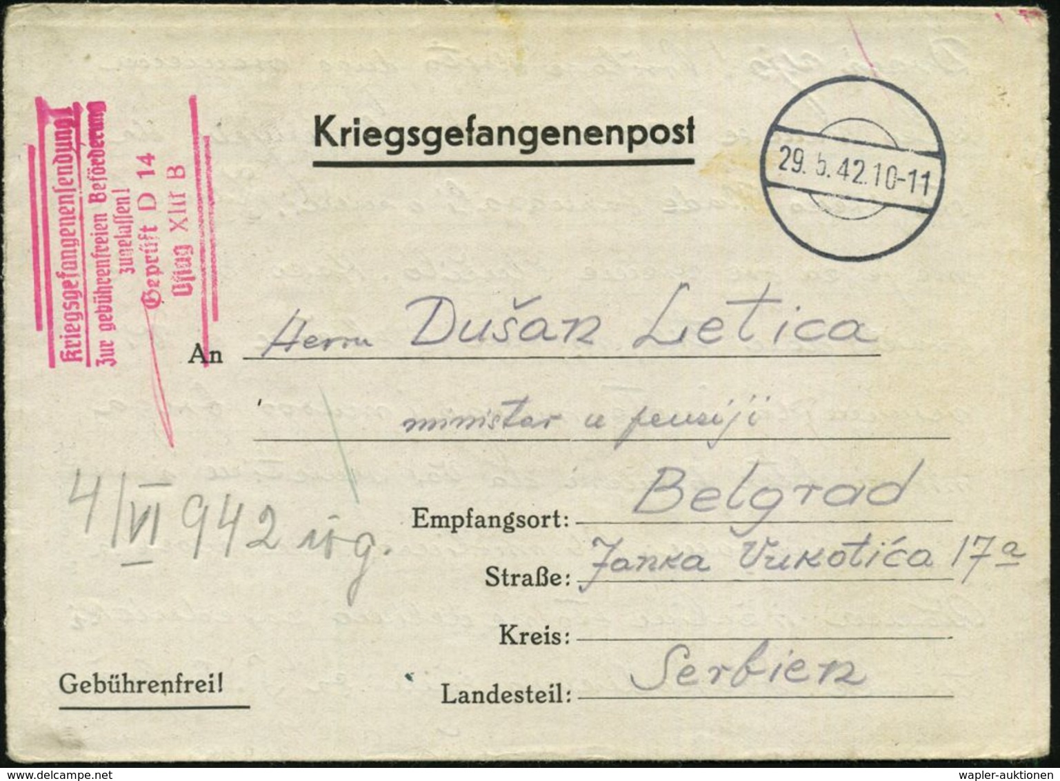 Nürnberg 1942 (29.5.) Stummer 1K. = Tarnstempel + Roter 5L: Kriegsgefangenensendung/Zur Gebührenfreien Beförderung/ Zuge - Croce Rossa