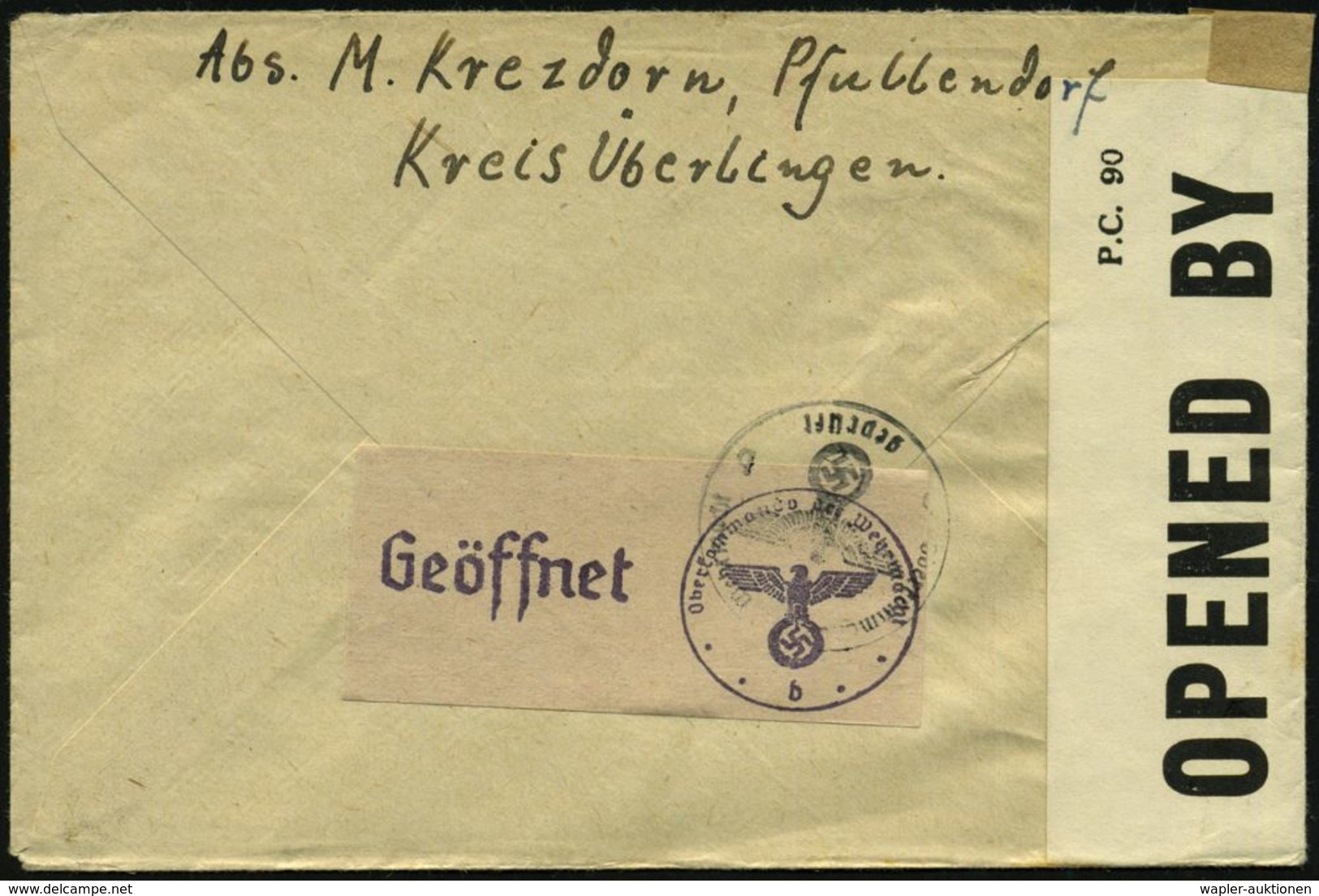 PFULLENDORF/ A 1944 (1.5.) 1K-Steg + Hs. Vermerk "Taxe Percue 40 Pf." = Nur Luftpostgebühr + Rs. Schw. OKW-Zensur-1K: B  - Cruz Roja
