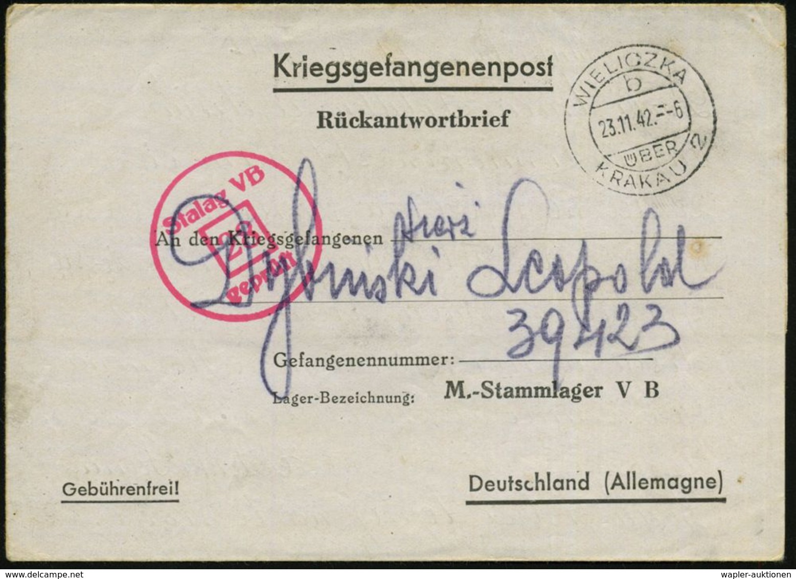 GENERALGOUVERNEMENT 1942 (23.11.) 2K-Steg: WIELICZKA/b/ÜBER/KRAKAU 2 = PSt.I + Roter Zensur-1K: Stalag VB/28/ Geprüft =  - Croix-Rouge