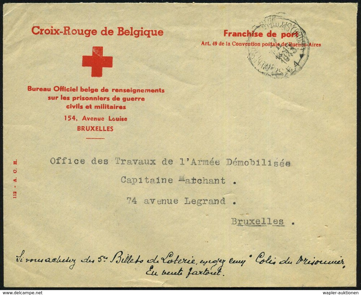 BELGIEN 1943 (27.11.) Rotkreuz-Vordr.-Bf.: Croix-Rouges De Belgique / Bureau Officiel Belge De Renseignements/sur Les Pr - Croix-Rouge