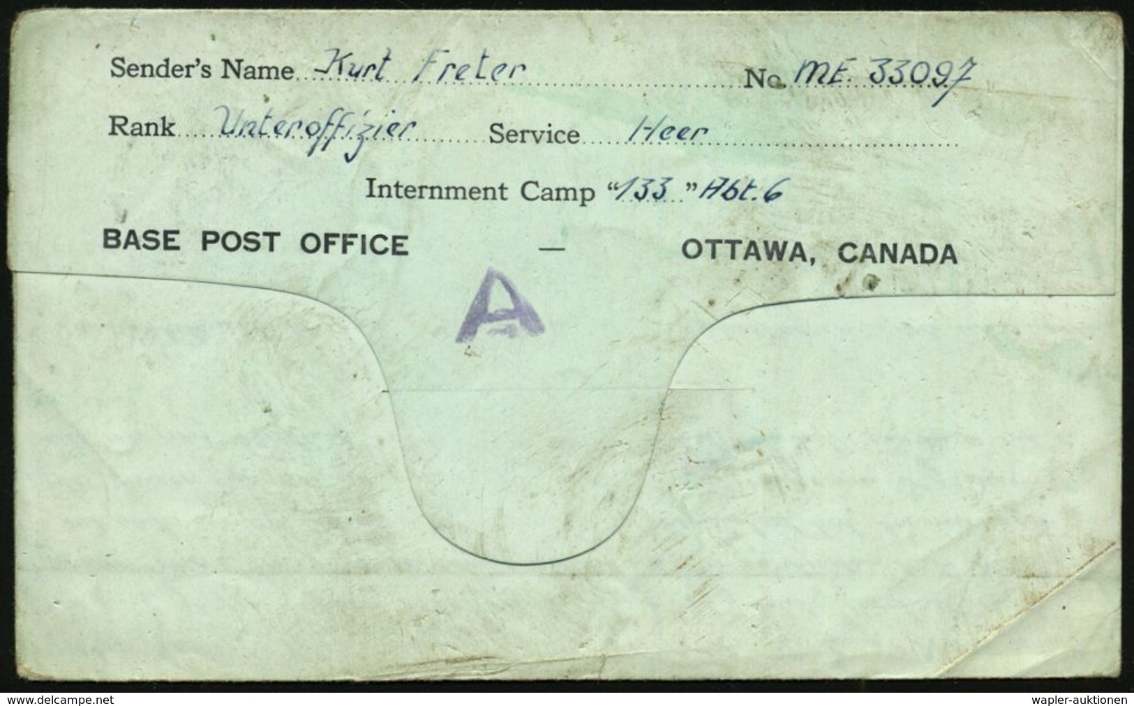 CANADA 1944 (29.12.) 1K: P.O.W./133 = Lager 133 + Schw. 1L: EXAMINED BY D.B. + Seltener, Viol. Zensur-1K: A B = Gestapo- - Cruz Roja