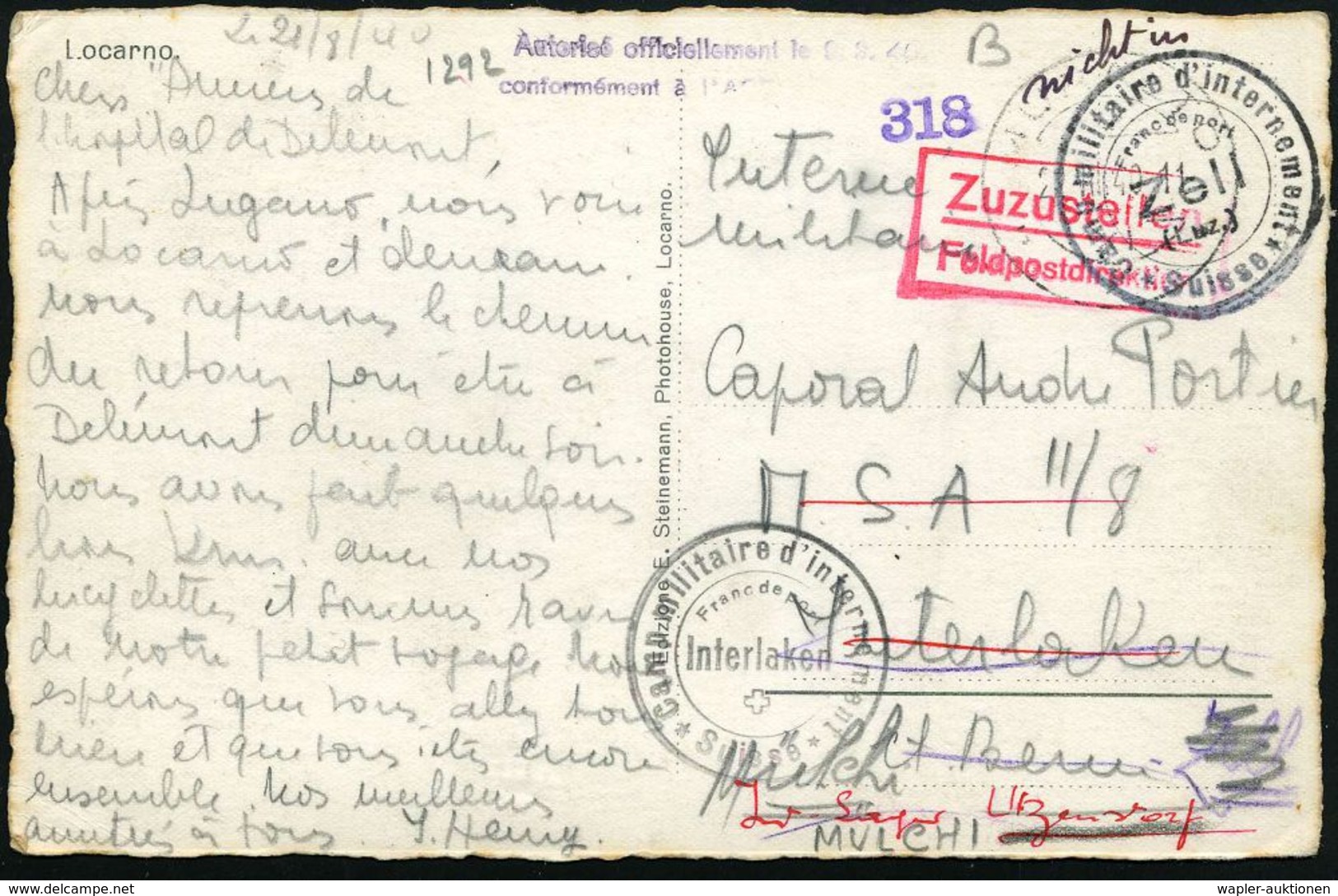 SCHWEIZ 1940 (21.8.) Schw. 2K: Camp Militaire D'internement/Suisse/Franc De Port/Zell/(Luz.) + Roter Zensur-Ra.: Zuzuste - Croix-Rouge