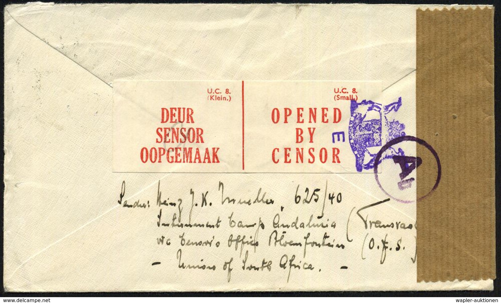 SÜDAFRIKA 1943 (17.3.) 1K: CAPETOWN 24.. + Viol. Zensur-2L: PASSED BY CENSOR.. (zweisprachig, Wo.3) + Doppel-Oval: INTER - Croix-Rouge