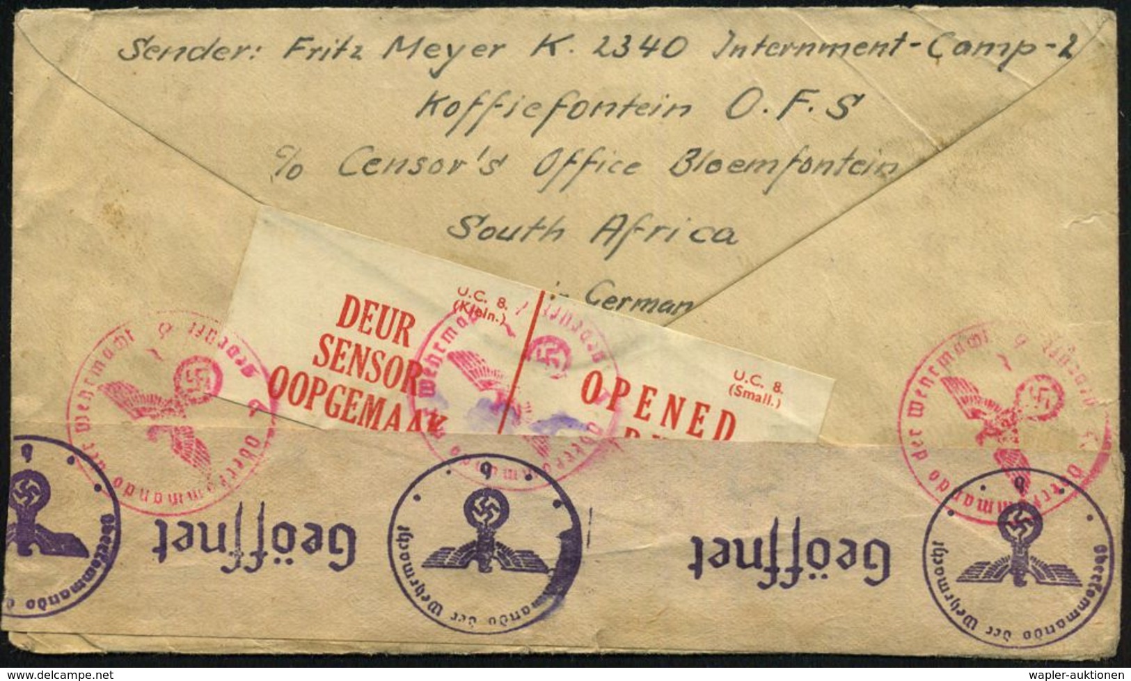 SÜDAFRIKA 1944 (12.3.) Zweisprachiger Viol. 2L: PASSED BY CENSOR.. (Wo.3) + Vuiol. Doppel-Oval: INTERNMENT CAMP/ OFFICIA - Croce Rossa