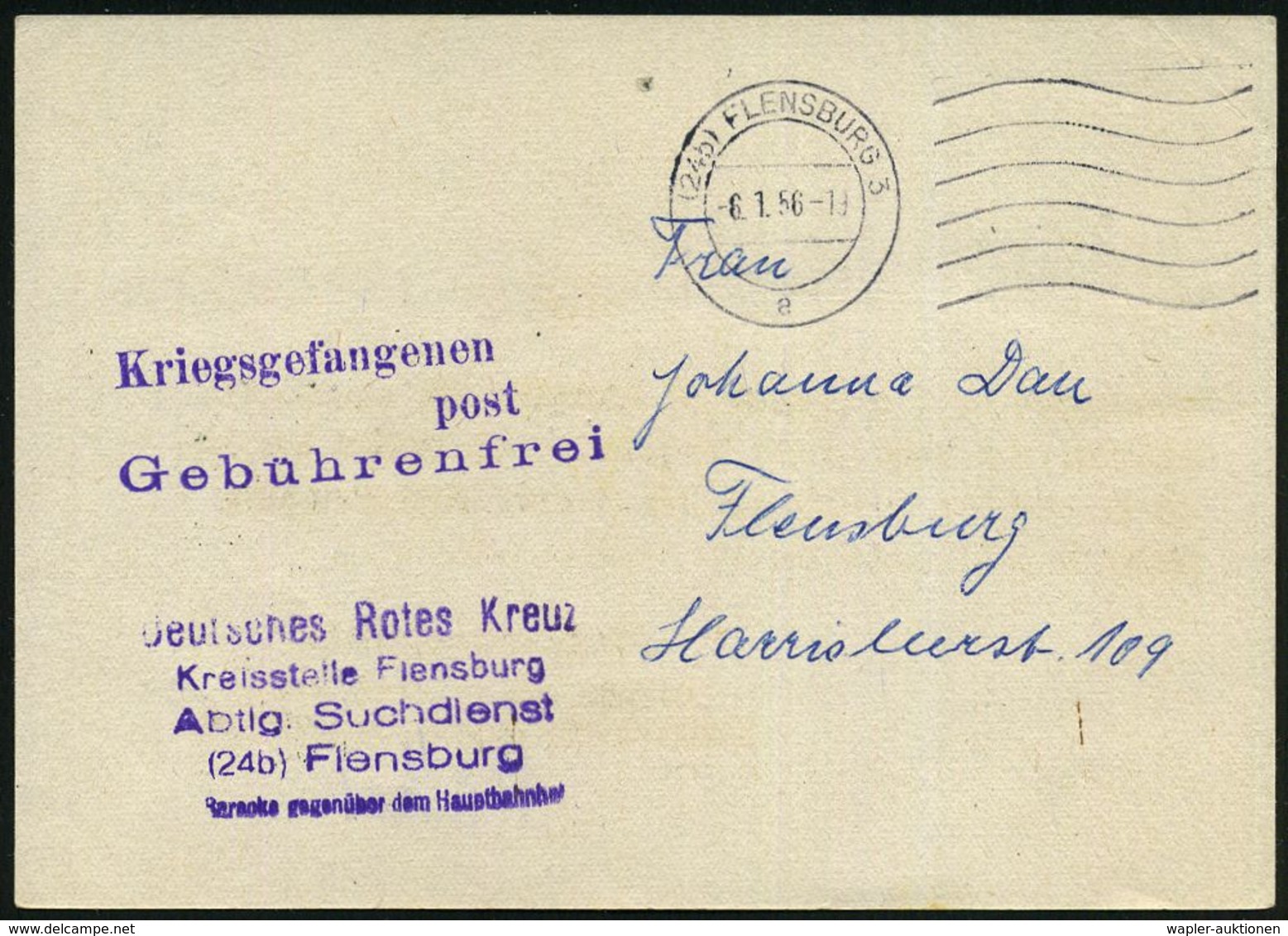 (24b) FLENSBURG 3/ E 1956 (6.1.) 2K-WellenSt. + Viol. Kriegsgefangenen/post/Gebührenfrei + Viol. 5L: Deutsches Rotes Kre - Rotes Kreuz