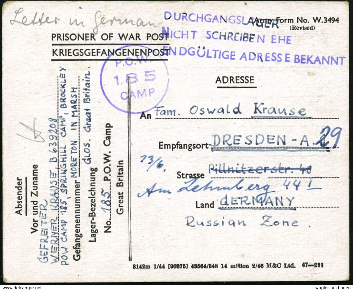 GROSSBRITANNIEN 1946 (17.5.) Kgf.-Vordr.-Kt: Army Form No.W.3494 Eines Deutschen Kgf., Viol. 1K: P.O.W./185/CAMP (Spring - Croix-Rouge
