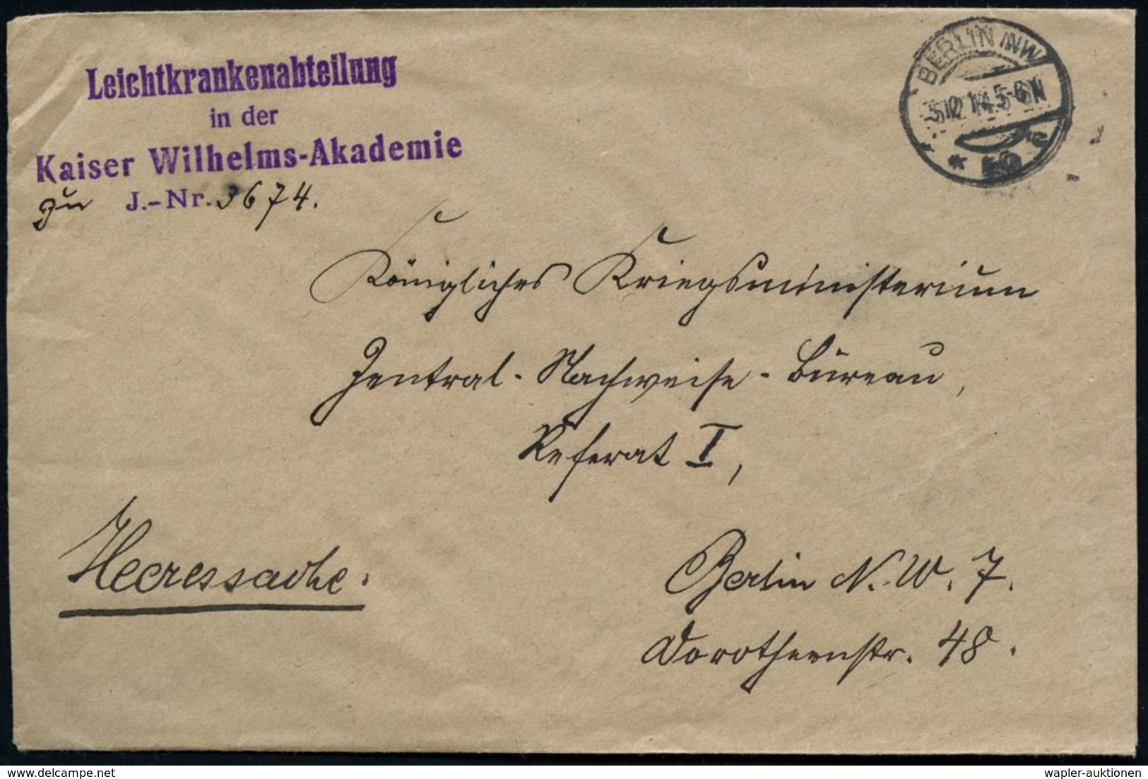 BERLIN NW/ *40c 1914 (5.12.) 1K-Brücke + Viol. 3L: Leichtkrankenabteilung/in Der/Kaiser Wilhelm-Akademie + Rs. Viol. 1K- - Médecine