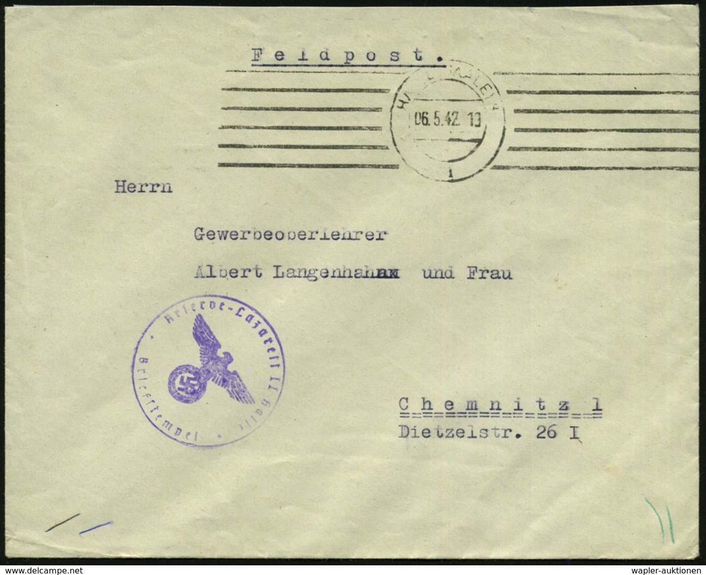 Halle/ Saale 1942 (Mai) 2 Verschiedene, Viol. HdN: Reserve-Lazarett II../ Teillazarett Mackensenschule U. Reserve-Lazare - Médecine