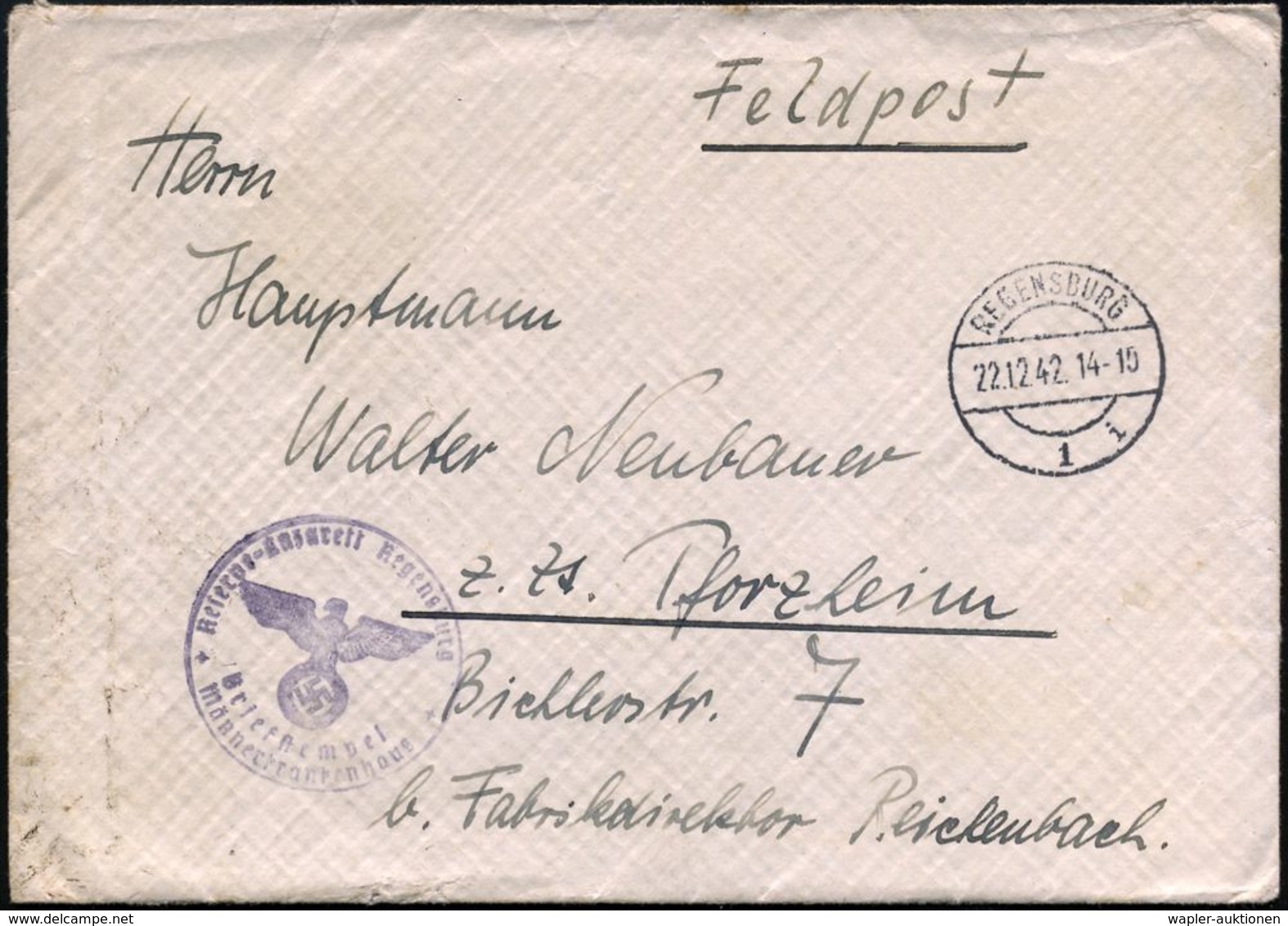 REGENSBURG/ 1/ I 1942 (22.12.) 1K-Brücke + Viol. 1K-HdN: Reserve-Lazarett Regensburg/Männerkrankenhaus , Rs. Hs. Abs.: " - Medicina