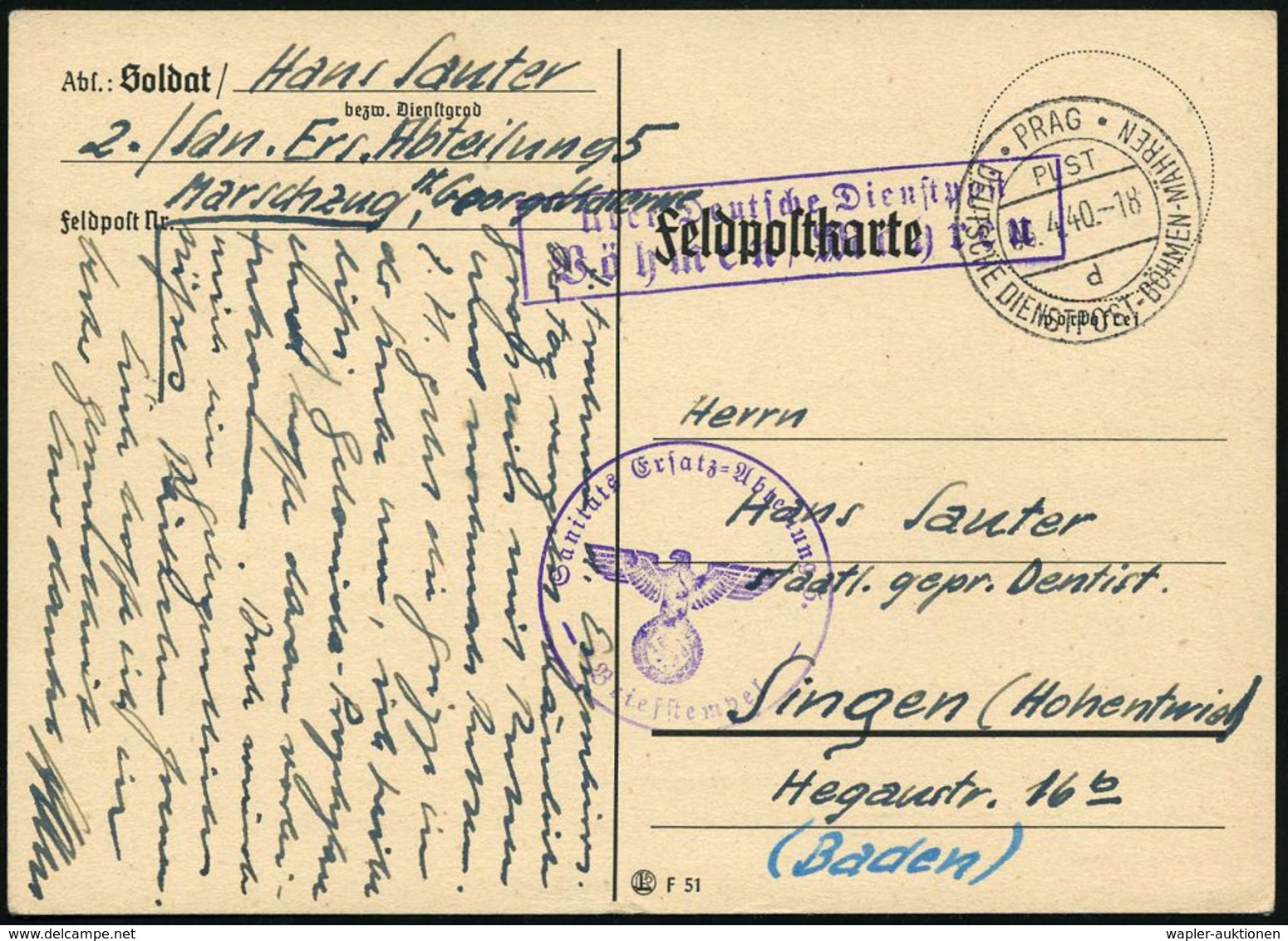 BÖHMEN & MÄHREN 1940 (6.4.) 2K: PRAG/PLST/d/DDP BÖHMEN-MÄHREN + Viol. 1K-HdN: Sanitäts Ersatz=Abteilung 5 + Hs. "Marschz - Médecine