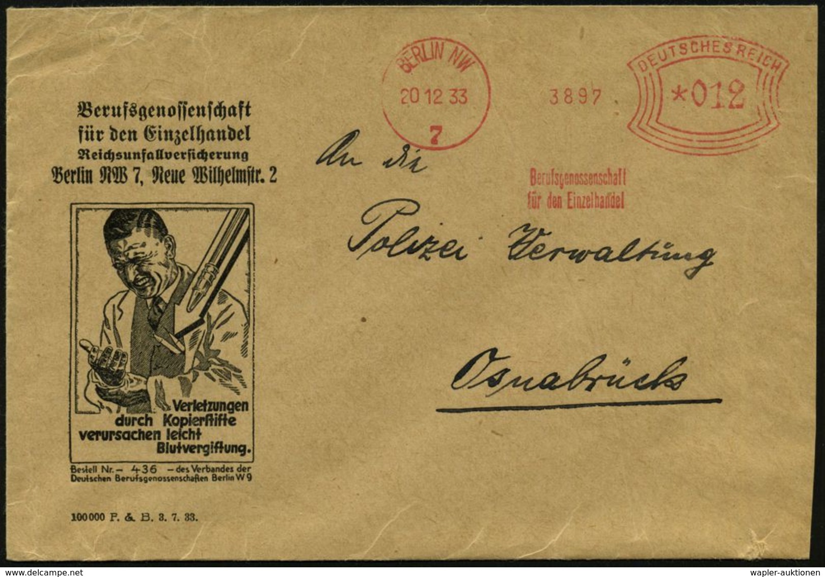 BERLIN NW/ 7/ Berufsgenossenschaft/ Für Den Einzelhandel 1933 (20.12.) AFs Auf Anti-Unfall-Reklame-Bf.: Verletzungen Dur - Medizin