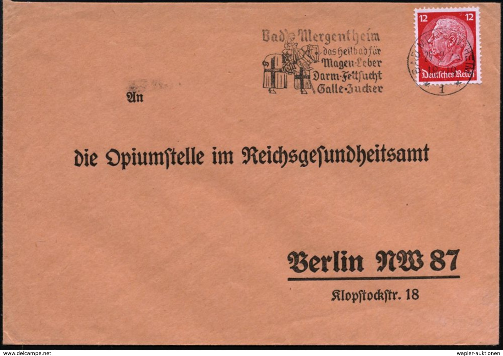 BAD MERGENTHEIM/ *1*/ D.Heilbad Für/ Magen-Leber/ Darm-Fettsucht.. 1936 (29.2.) MWSt = Kreuzritter Zu Pferd (im Gebet) A - Médecine