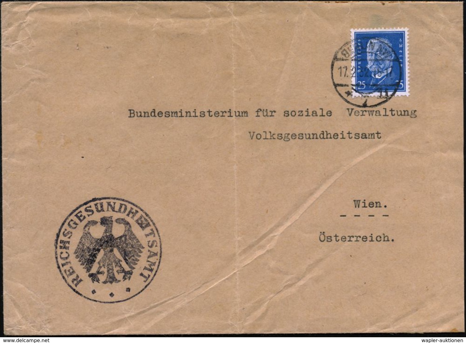 BERLIN NW/ *7ii 1932 (17.2.) 1K-Brücke + Schw. Dienst-HdN: REICHSGESUNDSHEITSAMT (Weimarer Adler) Ausl.-Bf. An Bundesmin - Médecine