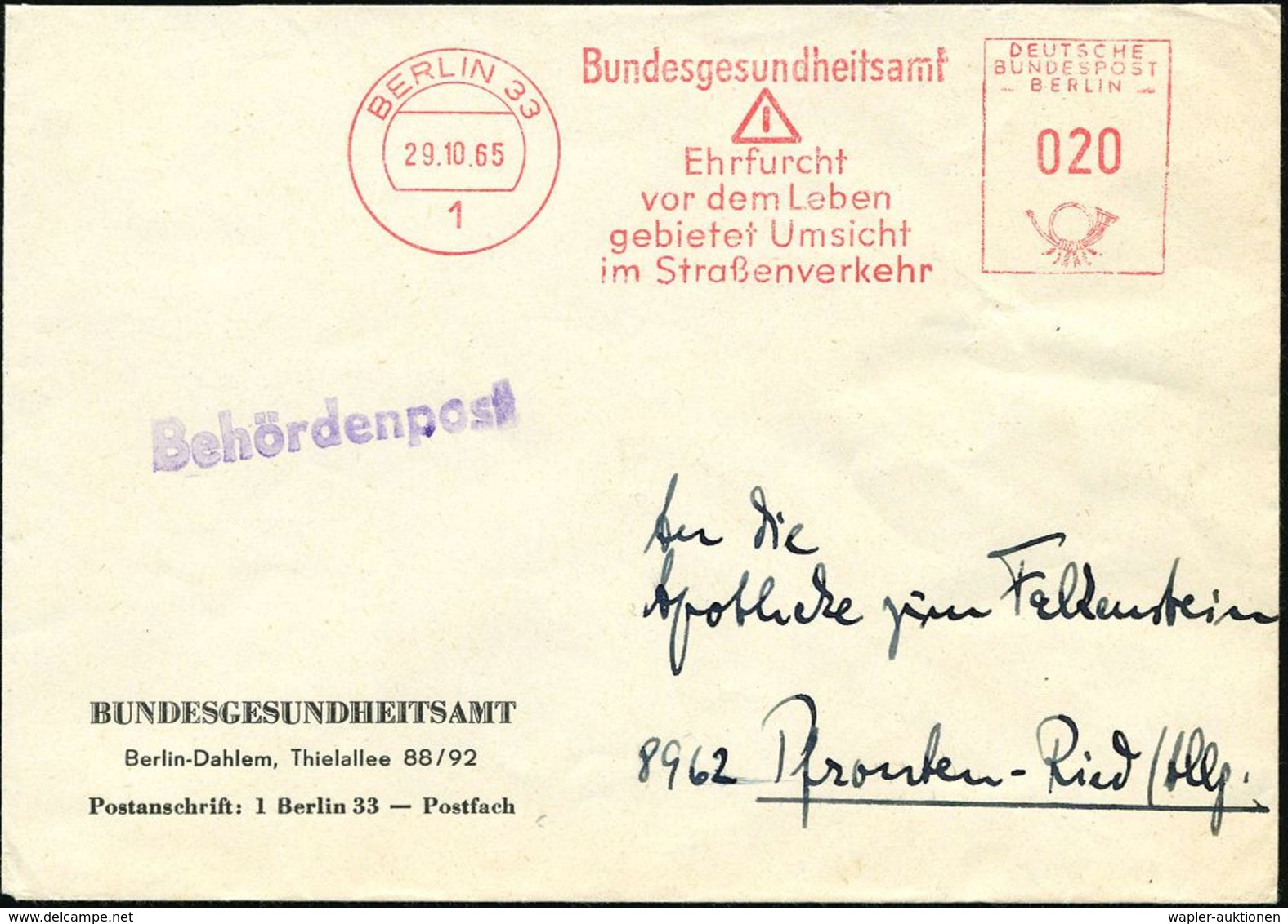 1 BERLIN 33/ Bundesgesundheitsamt/ ..Umsicht/ Im Straßenverkehr 1965 (29.10.) AFS (Gefahren-Schild) + 1L: Behördenpost,  - Médecine