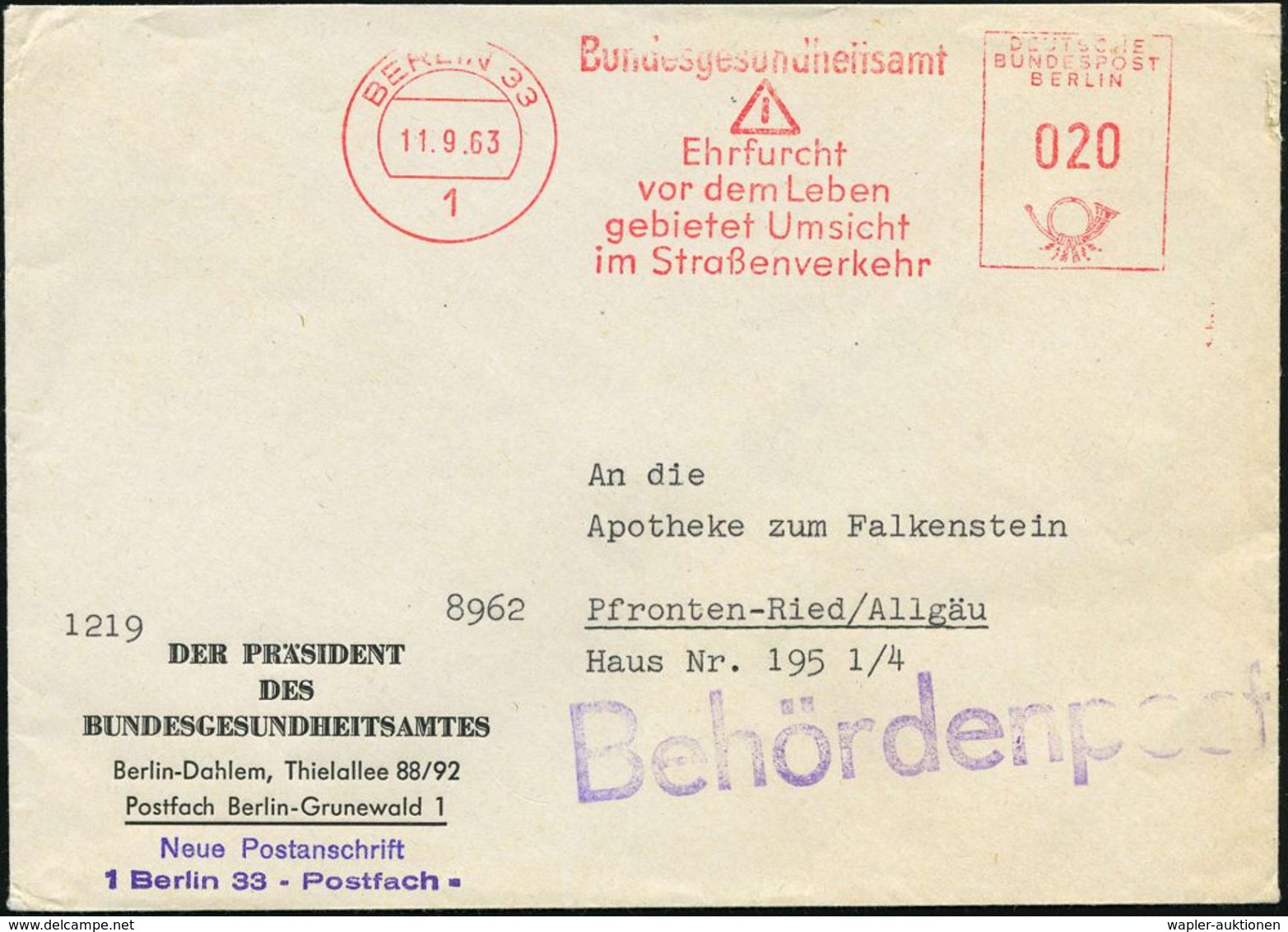 1 BERLIN 33/ Bundesgesundheitsamt/ ..Umsicht/ Im Straßenverkehr 1963 (11.9.) AFS (Schild "Gefahr") Vordr.-Bf: DER PRÄSID - Médecine