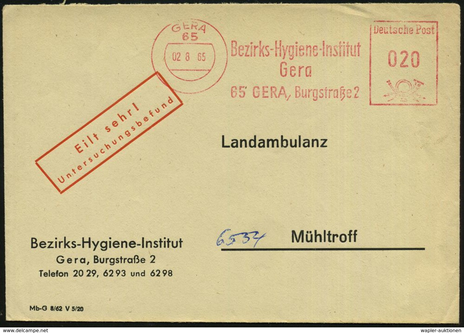 65 GERA/ Bezirks-Hygiene-Institut.. 1965 (2.6.) AFS Auf Dienst-Bf., Rotem Zudruck: Eilt Sehr ! Untersuchungsbefund (Dü.E - Médecine