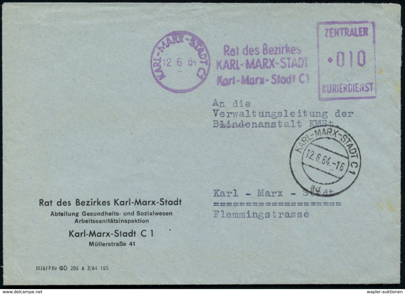 KARL-MARX-STADT C1/ Rat Des Bezirkes../ ZENTRALER/ KURIERDIENST 1964 (12.6.) Lila ZKD-AFS + 2K-Steg: KARL-MARX-STADT C 1 - Médecine