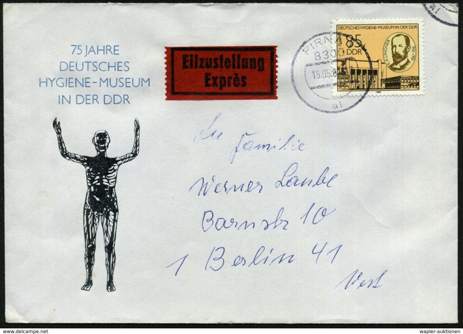 D.D.R. 1987 (15.5.) 85 Pf. "75 Jahre Hygiene-Museum", Dresden, EF = Gründer K. A. Lingner (u. Museum) Portorichtiger Inl - Médecine