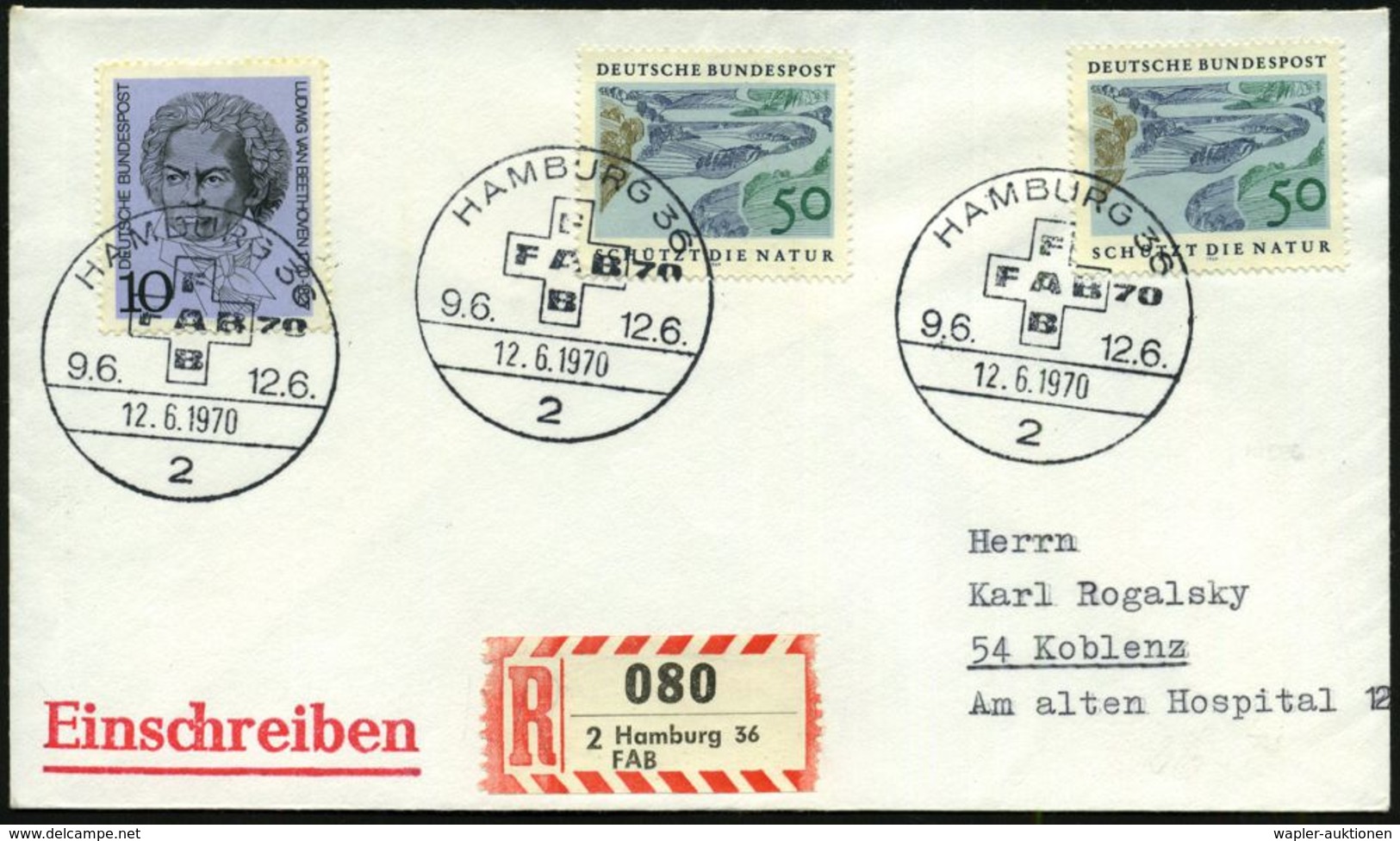 2 HAMBURG 36/ F A B 70 1970 (12.6.) SSt (Kreuz) = Fachausst. Für Anstalts-Bedarf + Sonder-RZ: 2 Hamburg 36/F A B (NEZ-Ka - Médecine