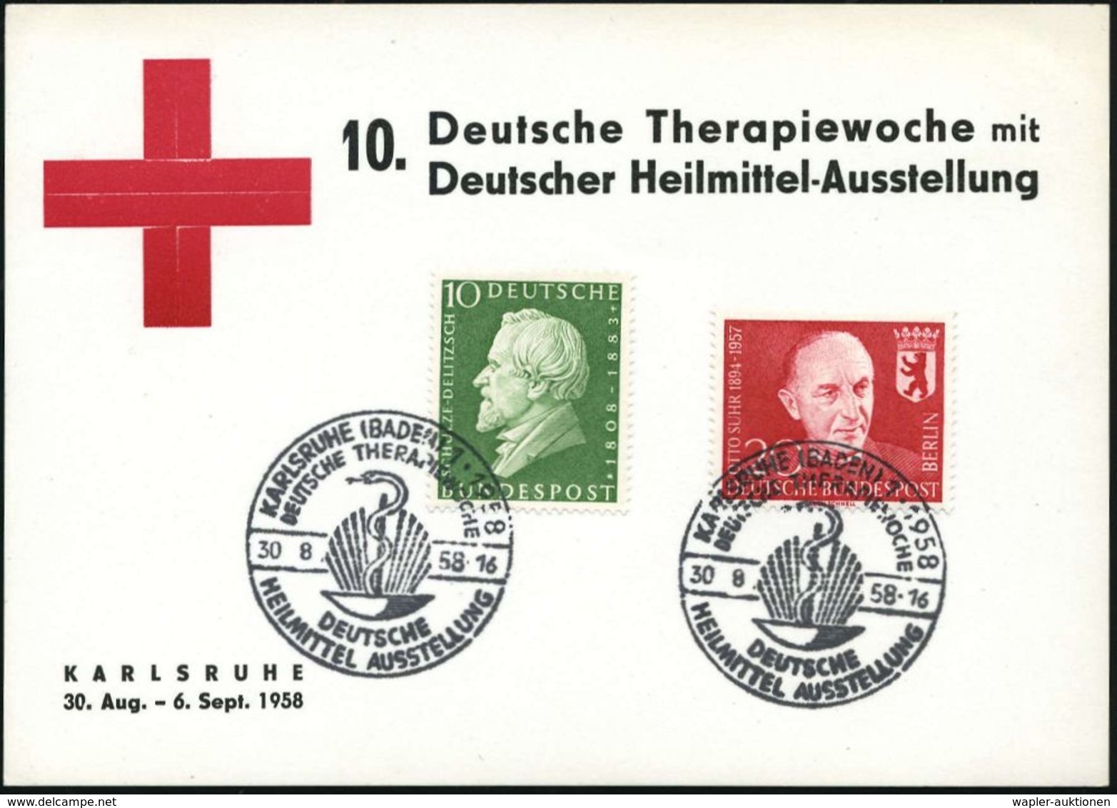 KARLSRUHE (BADEN)1/ DEUTSCHE THERAPIEWOCHE/ DEUTSCHE/ HEILMITTEL AUSSTELLUNG 1958 (30.8.) SSt = Aesculap-stab (mit Strah - Médecine