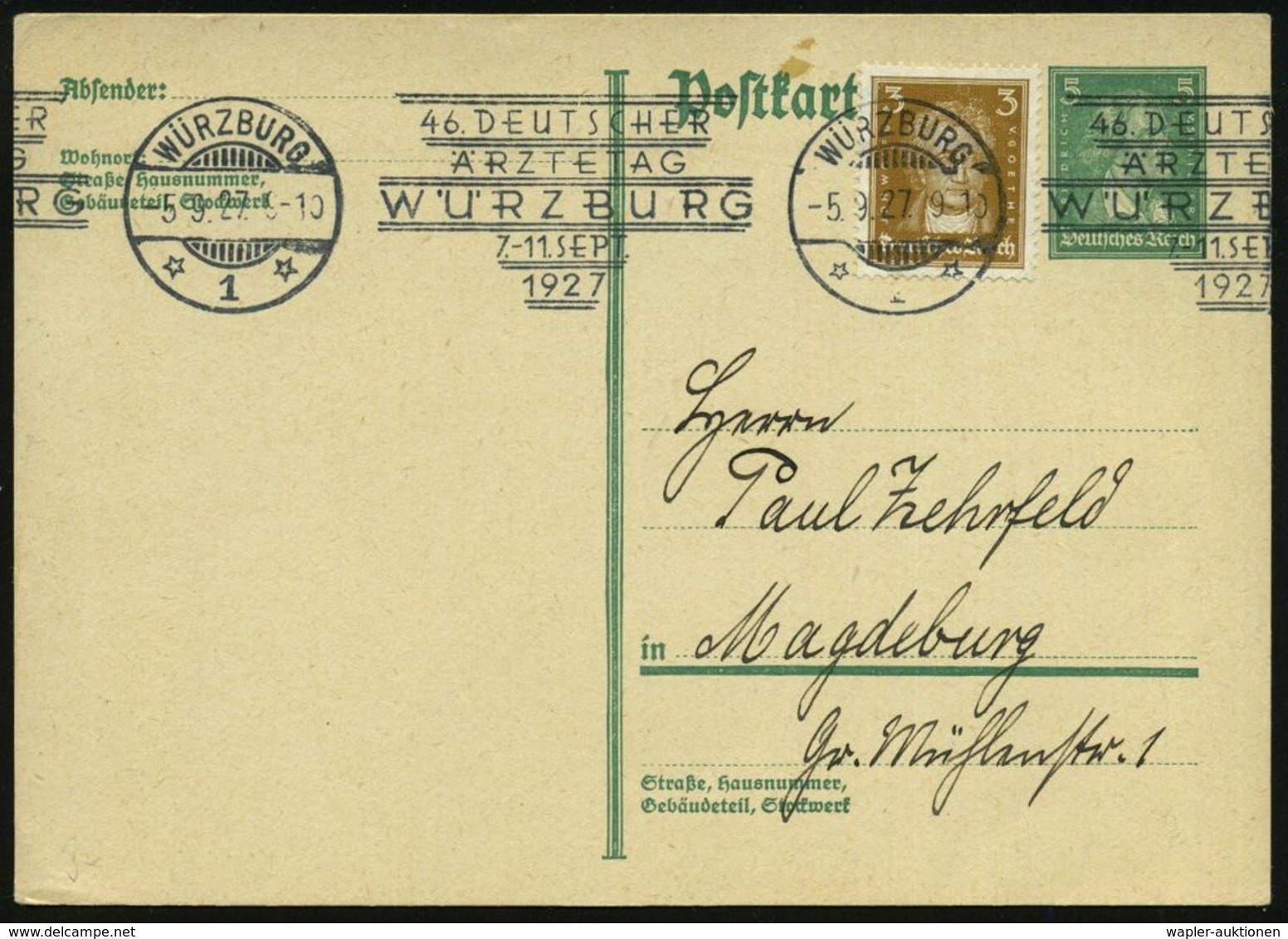 WÜRZBURG/ *1*/ 46.DEUTSCHER/ ÄRZTETAG/ ..7.-11.SEPT. 1927 (5.9.) Seltener BdMWSt, Type I Auf Inl.-Kt. (minim. Fleck) Kla - Médecine