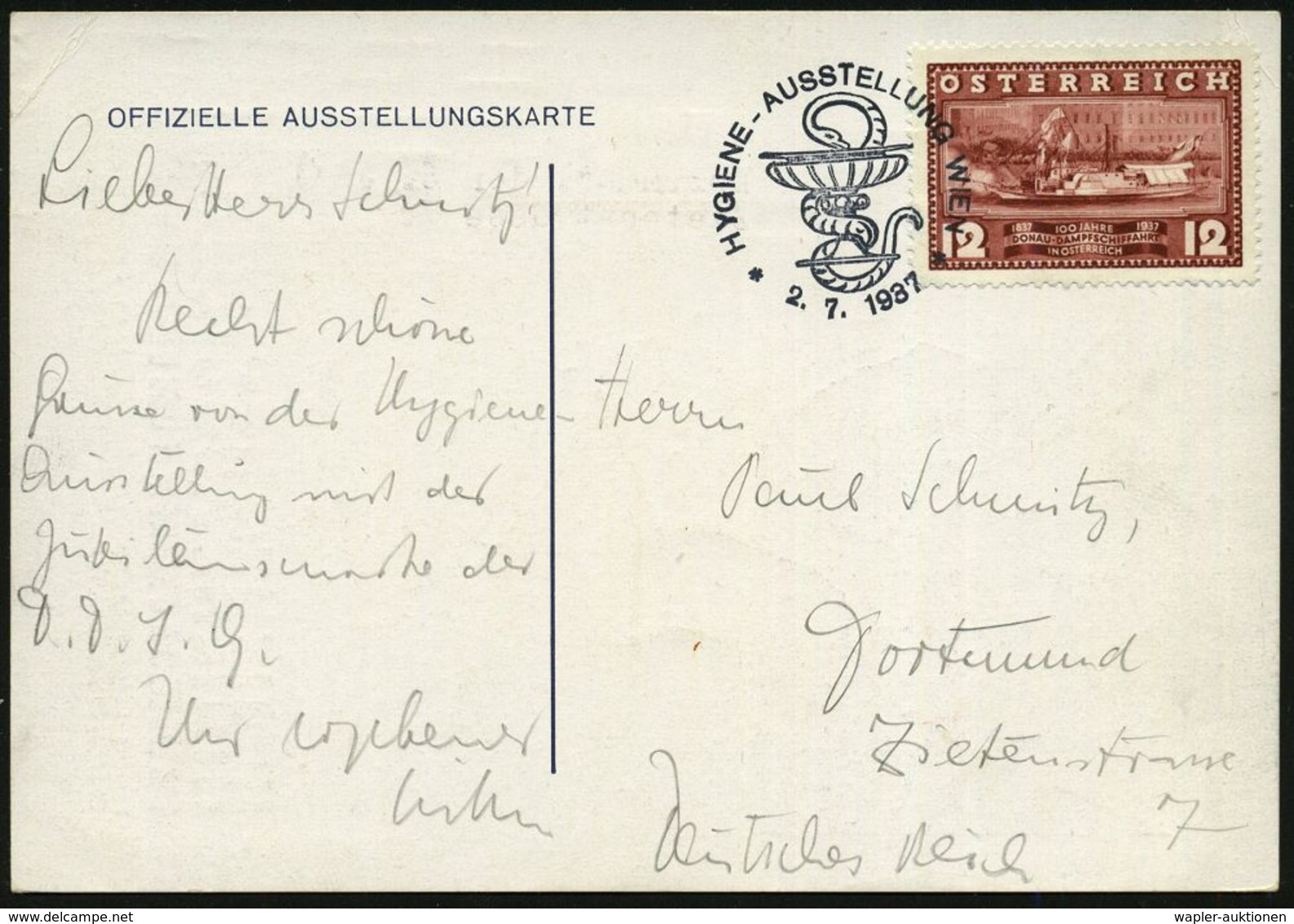 ÖSTERREICH 1937 (2.7.) SSt.: HYGIENE-AUSSTELLUNG WIEN = Schlange (u. Schale) Auf Offiz. Künstler-Color-Sonder-Kt.: HYGIE - Médecine