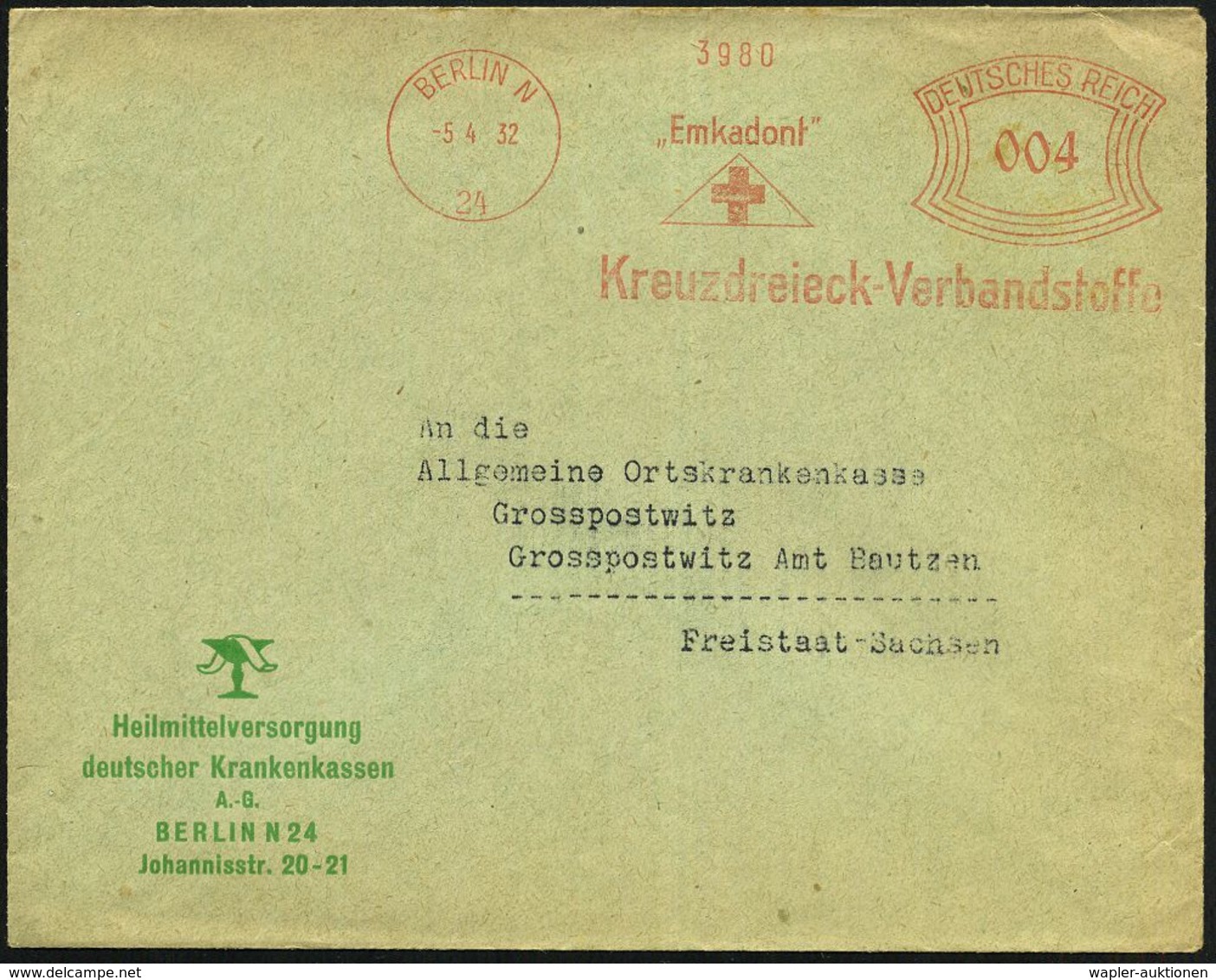 BERLIN N/ 24/ "Emkadont"/ Kreuzdreieck-Verbandsstoffe 1932 (5.4.) AFS = Rotes Kreuz (im Dreieck) Vordr.Bf.: Heilmittel-V - Médecine