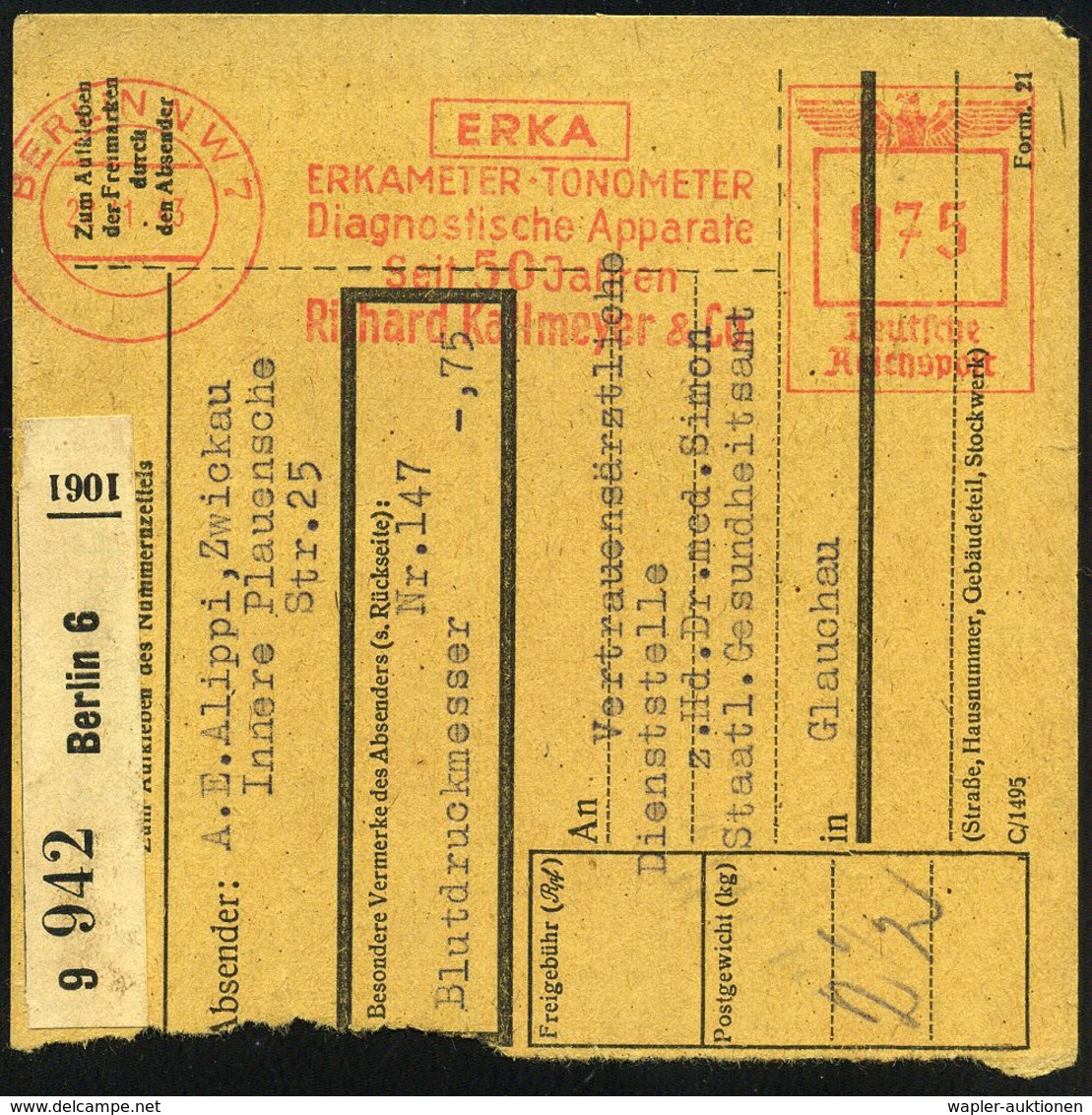 BERLIN W 7/ ERKA/ ERKAMETER-TONOMETER/ Diagnostische Apparate/ Seit 50 Jahren/ Richard Kallmeyer & Co 1943 (22.11.) AFS  - Médecine