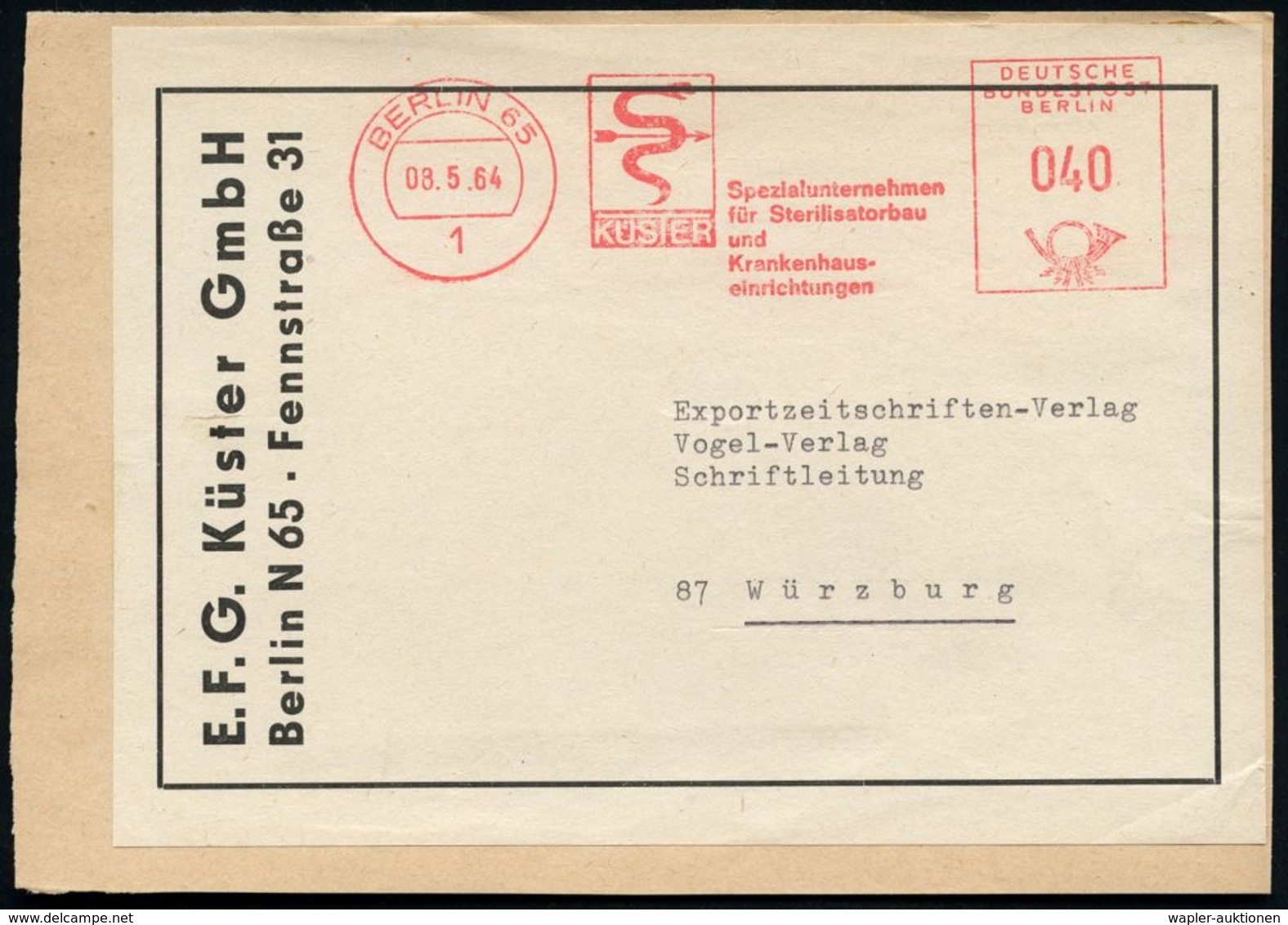 1 BERLIN 65/ KÜSTER/ Spezialunternehmen/ Für Sterilisatorbau/ Und/ Krankenhaus-/ Einrichtungen 1964 (8.5.) AFS 040 Pf. = - Médecine