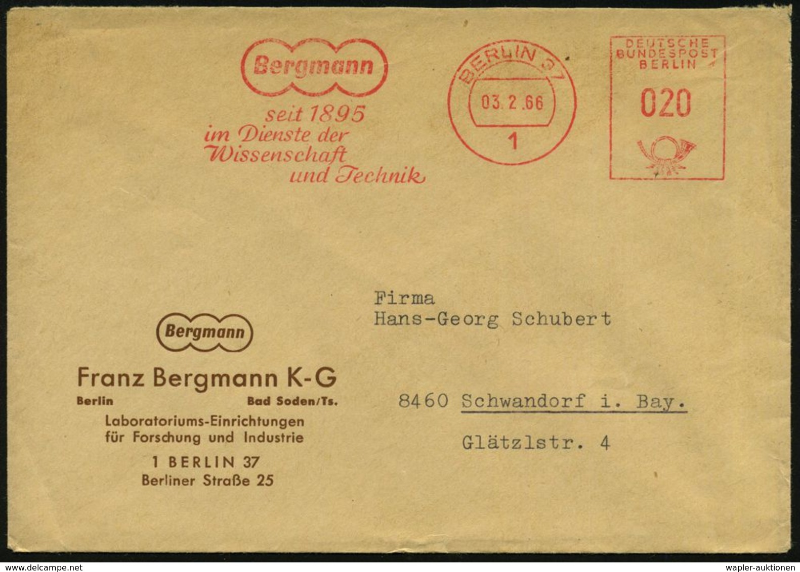 1 BERLIN&sect;/ / Bergmann/ Seit 1895/ Im Dienste Der/ Wissenschaft.. 1966 (3.2.) AFS Auf Firmen-Bf.: Franz Bergmann KG, - Medicina