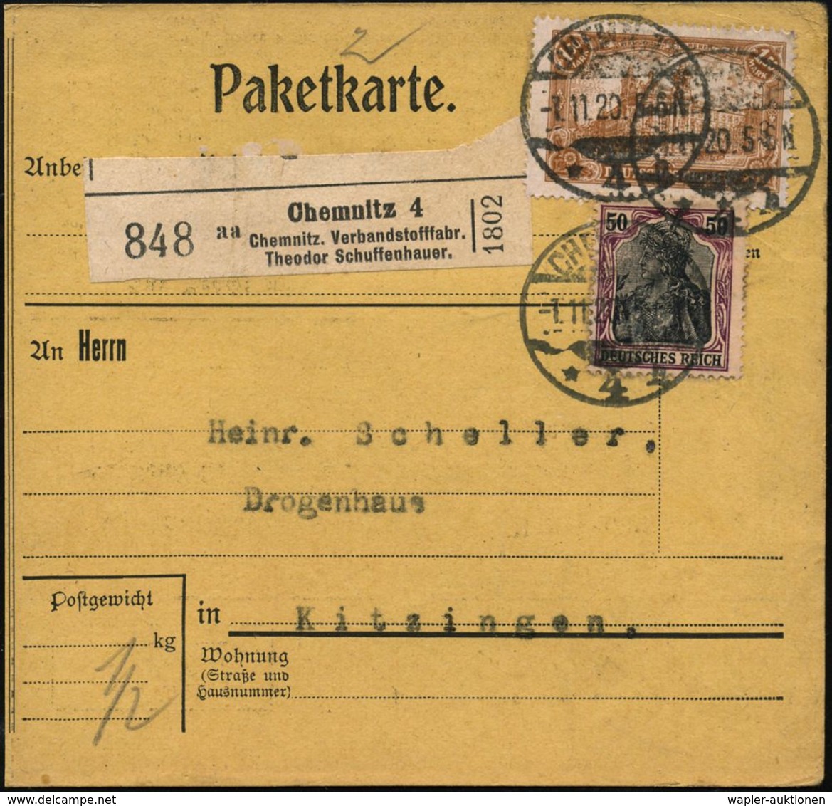 CHEMNITZ/ *4b 1920 (1.11.) 1K-Gitter + Schw. Selbstbucher-Paketzettel: Chemnitz 4/aa/Chemnitz. Verbands-stofffabr./Theod - Médecine