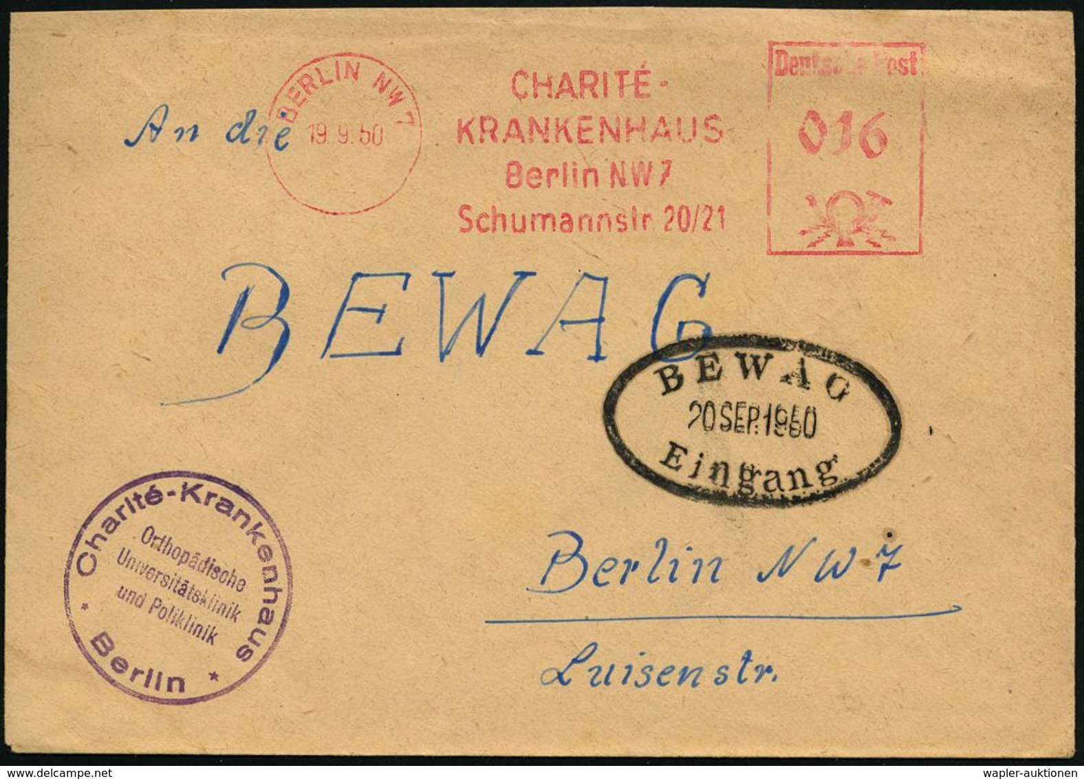 BERLIN NW 7/ CHARITE/ KRANKENHAUS.. 1950 (19.9.) AFS + Viol. 1K-HdN: Charité-Krankenhaus/ Orthopäd./ Universitätsklinik/ - Médecine