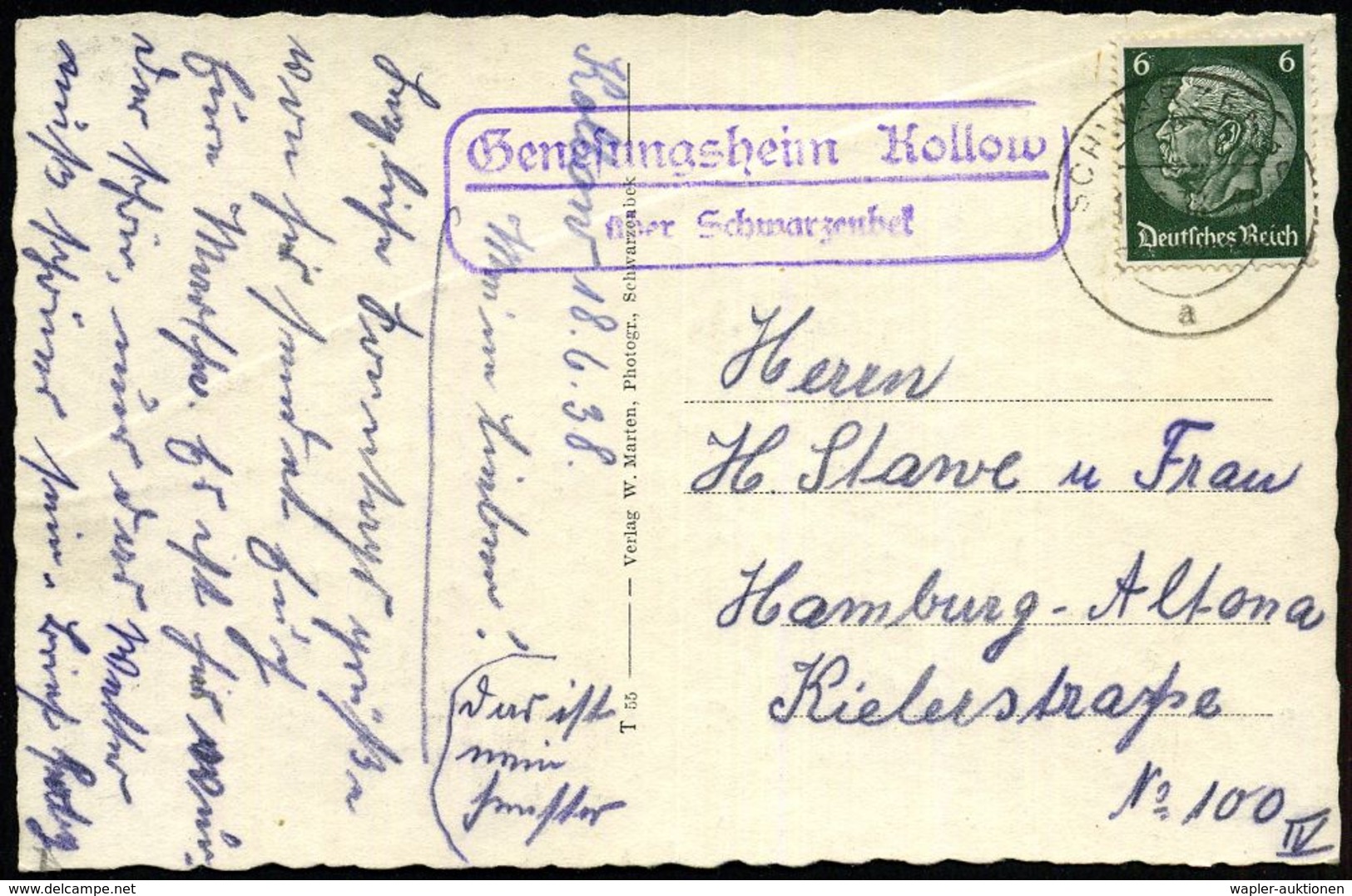 Kollow  G E N E S U N G S H E I M / über Schwarzenbek 1938 (19.6.) Viol. Ra.2 = PSt.II = Hauspostamt Hospital U. Genesun - Médecine