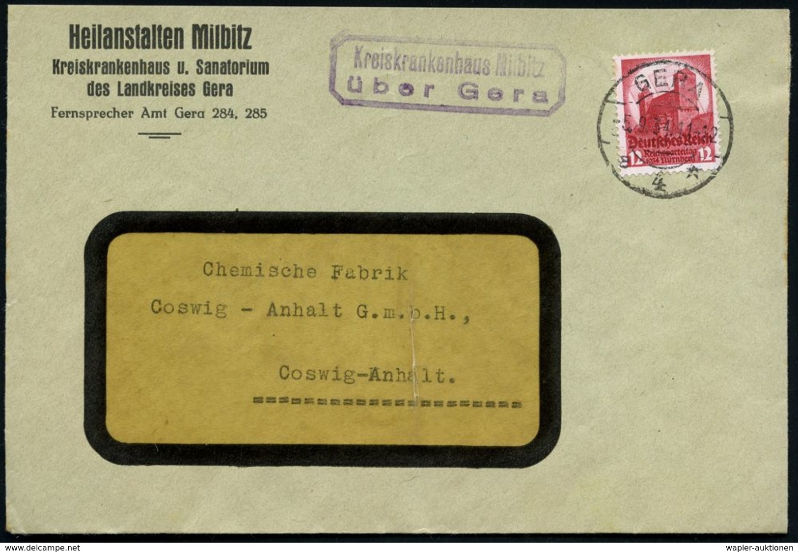 Milbitz  K R E I S K R A N K E N H A U S /  über Gera 1934 (5.5) Seltener Ra.2, PSt.II = Hauspostamt Heilanstalt Milbitz - Médecine