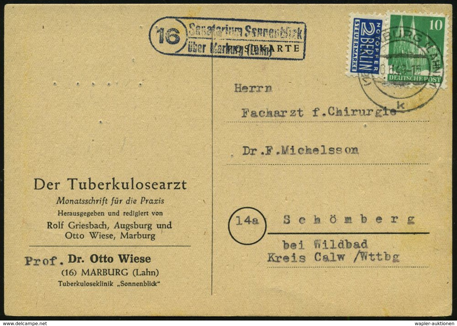 (16) MARBURG (LAHN) 1/ K 1949 (10.6.) 2K + Seltener, Blauer Ra.2: (16)  S A N A T O R I U M  Sonnenblick/über Marburg (L - Médecine