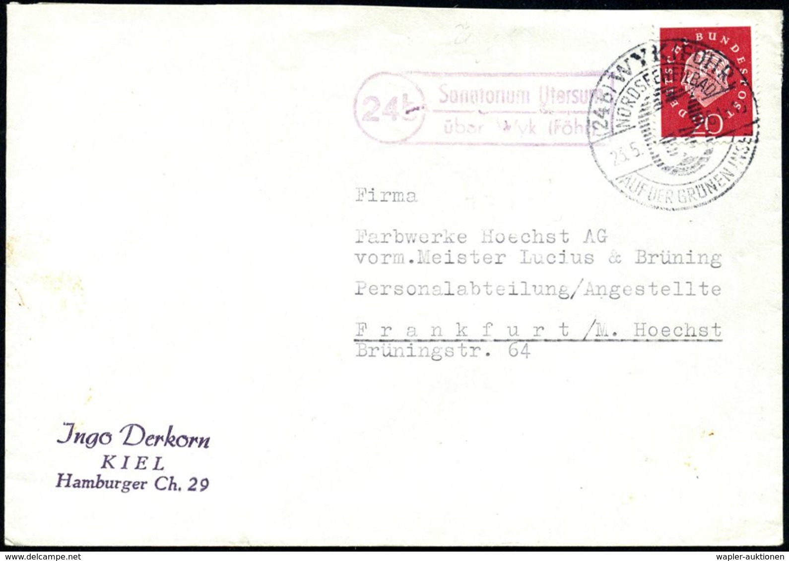 (24b) Sanatorium Utersum/ über Wyk (Föhr) 1961 (26.5.) Viol. Ra.2 = PSt.II Hauspostamt + HWSt.: WYK (FÖHR)/NORDSEEHEILBA - Médecine