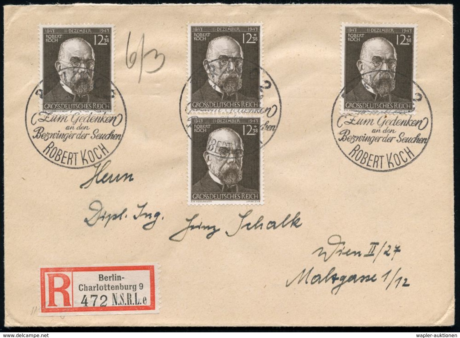 BERLIN C2/ ..Bezwinger D.Seuchen/ ROBERT KOCH 1943 (11.12.) SSt 3x Auf 4x  12+38 Pf. Robert Koch (Mi.864 MeF) + Sonder-R - Médecine