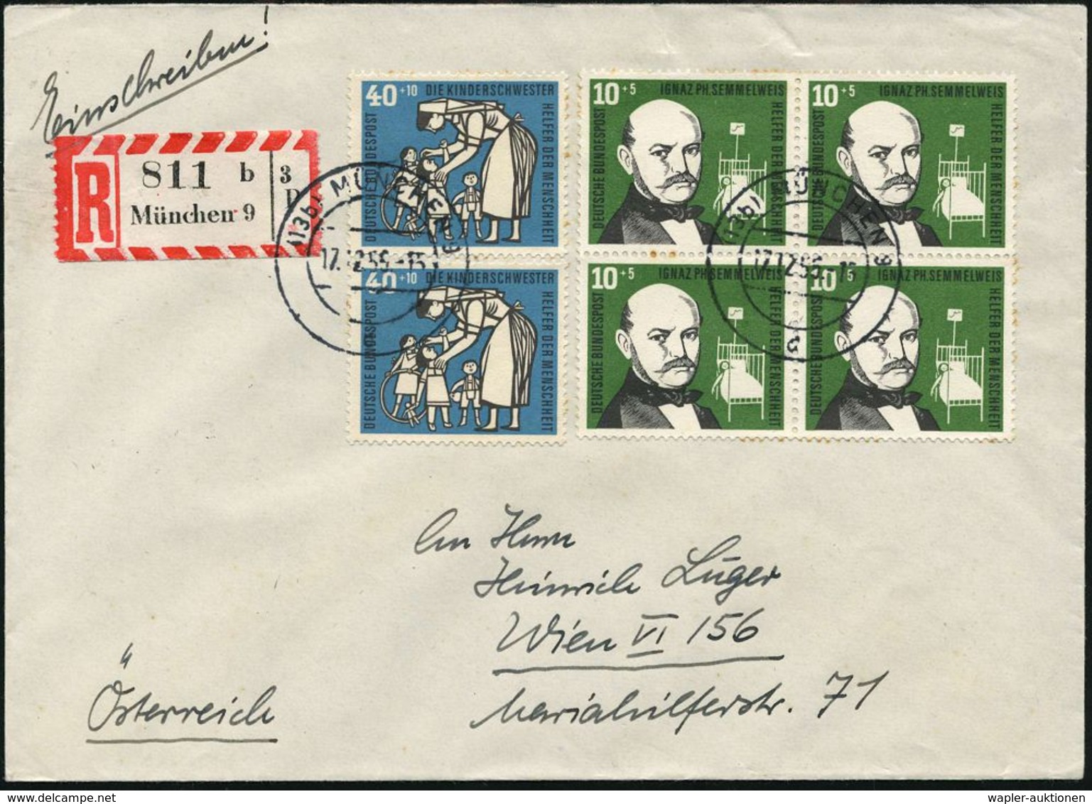 B.R.D. 1956 (17.12.) 10 + 5 Pf. Ignaz Semmelweis: 4er-Block + 2x 40+10 Pf. Kinderkrankenschwester, Satzreine Frankatur + - Médecine