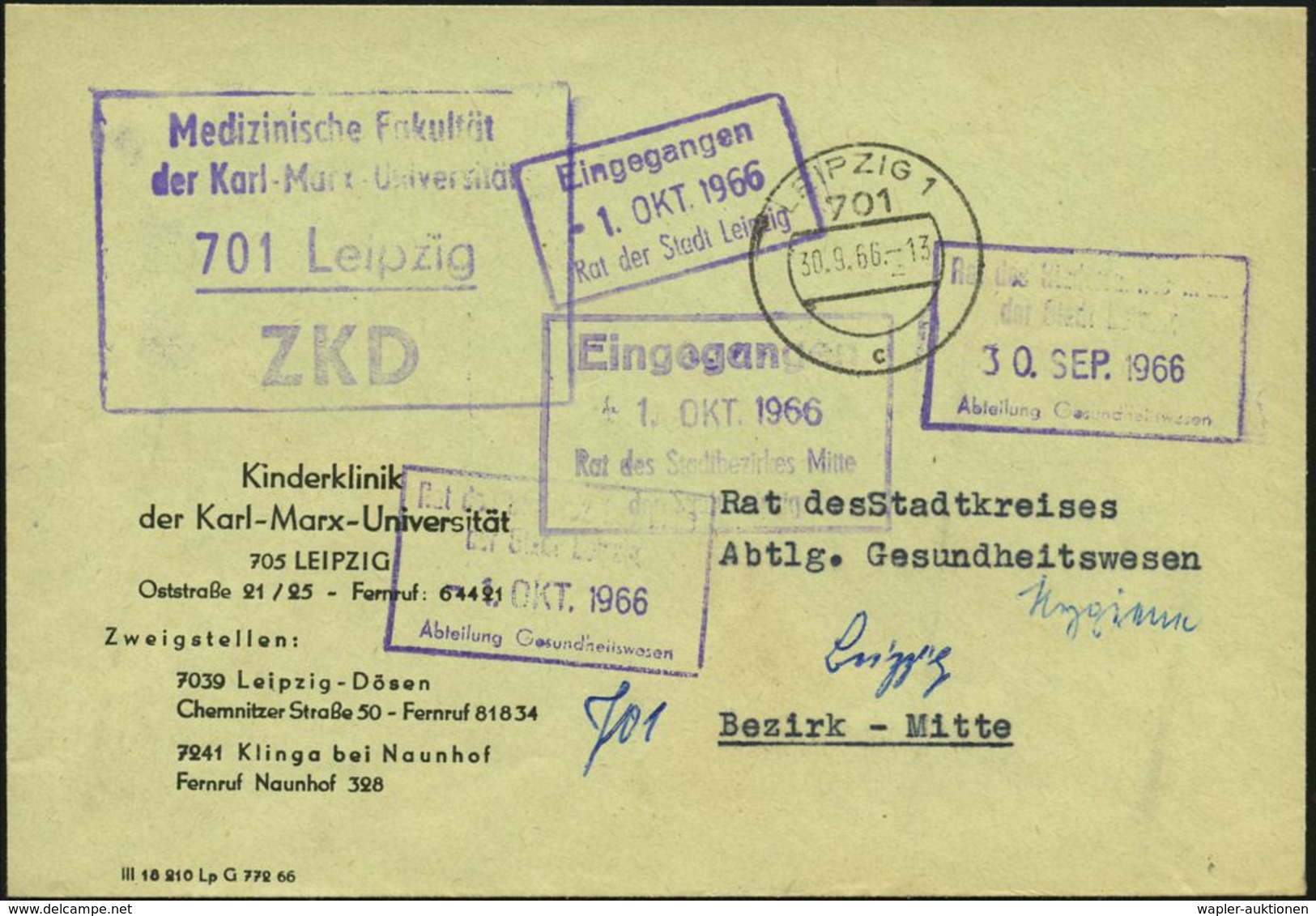 701 Leipzig/ ZKD/ Medizin.Fakultät/ Der Karl-Marx-Universität 1966 (30.9.) Viol. ZKD-Ra.4 + 1K: 701 LEIPZIG 1/c Auf ZKD- - Maladies