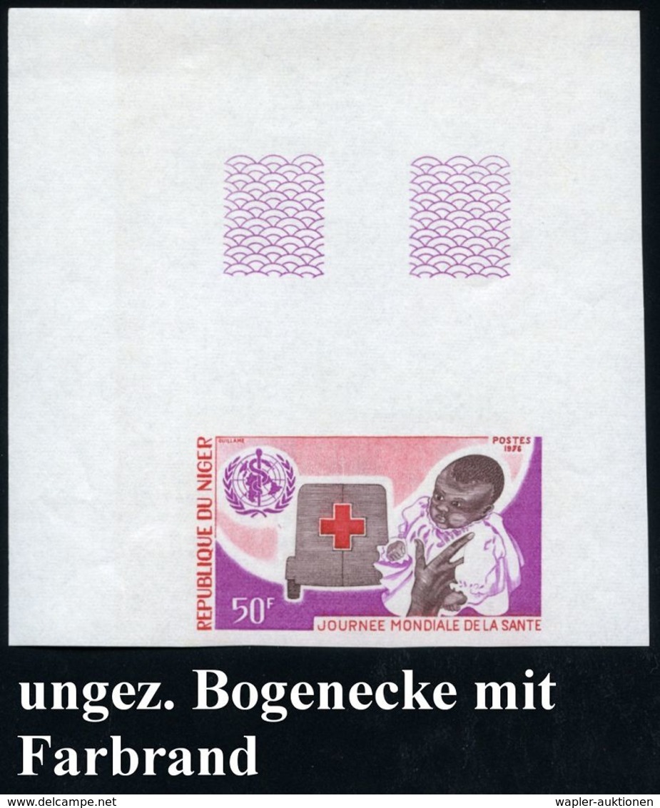 NIGER 1976 50 F. "WHO Weltgesundheitstag",  U N G E Z.  Bogen-Eckrandstück = Baby U. RK-Auto Mit Randmuster, Postfrisch  - Maladies