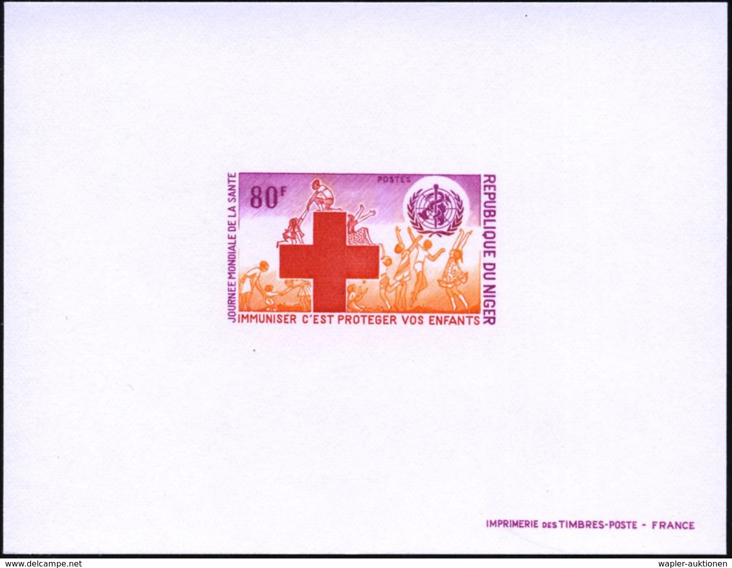 NIGER 1977 80 F. "WHO Weltgesundheitstag",  U N G E Z.  Ministerblock = WHO- U.  R.K.-Logo, Spielende Kinder ("Epreuve D - Maladies