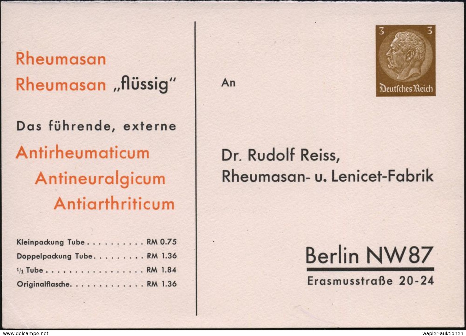 Berlin NW 87 1935 (ca.) Reklame-PP 3 Pf. Hindenburg, Braun: Rheumasan.. Dr. Rudolf Reiss/Rheumasan- U. Lenicet-Fabrik ,  - Maladies