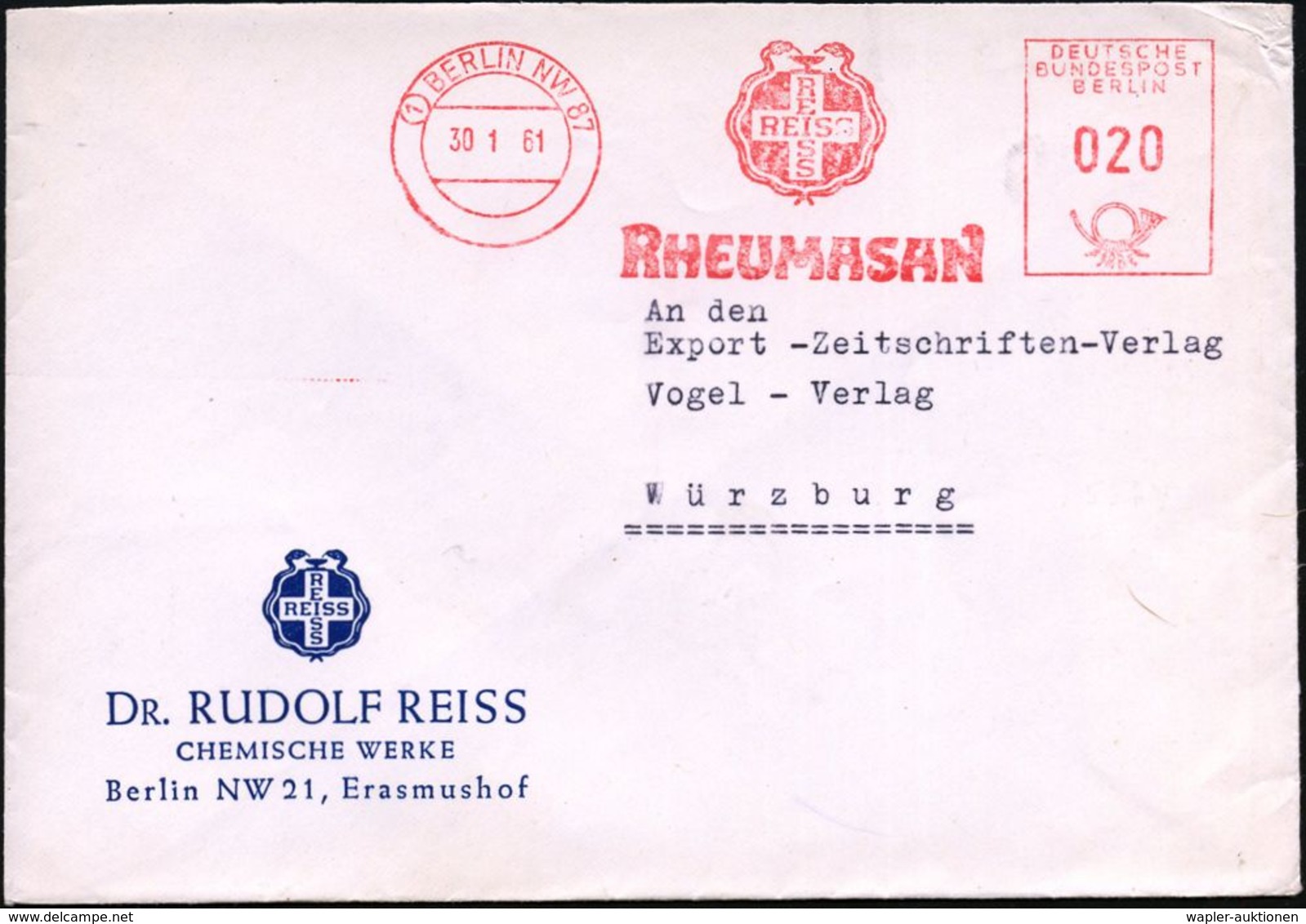 (1) BERLIN NW 87/ REISS/ RHEUMASAN 1961 (23.11.) AFS (Logo Mit 2 Schlangen) Motivgl. Firmenbf.  (Dü.E-24CO) - - Krankheiten