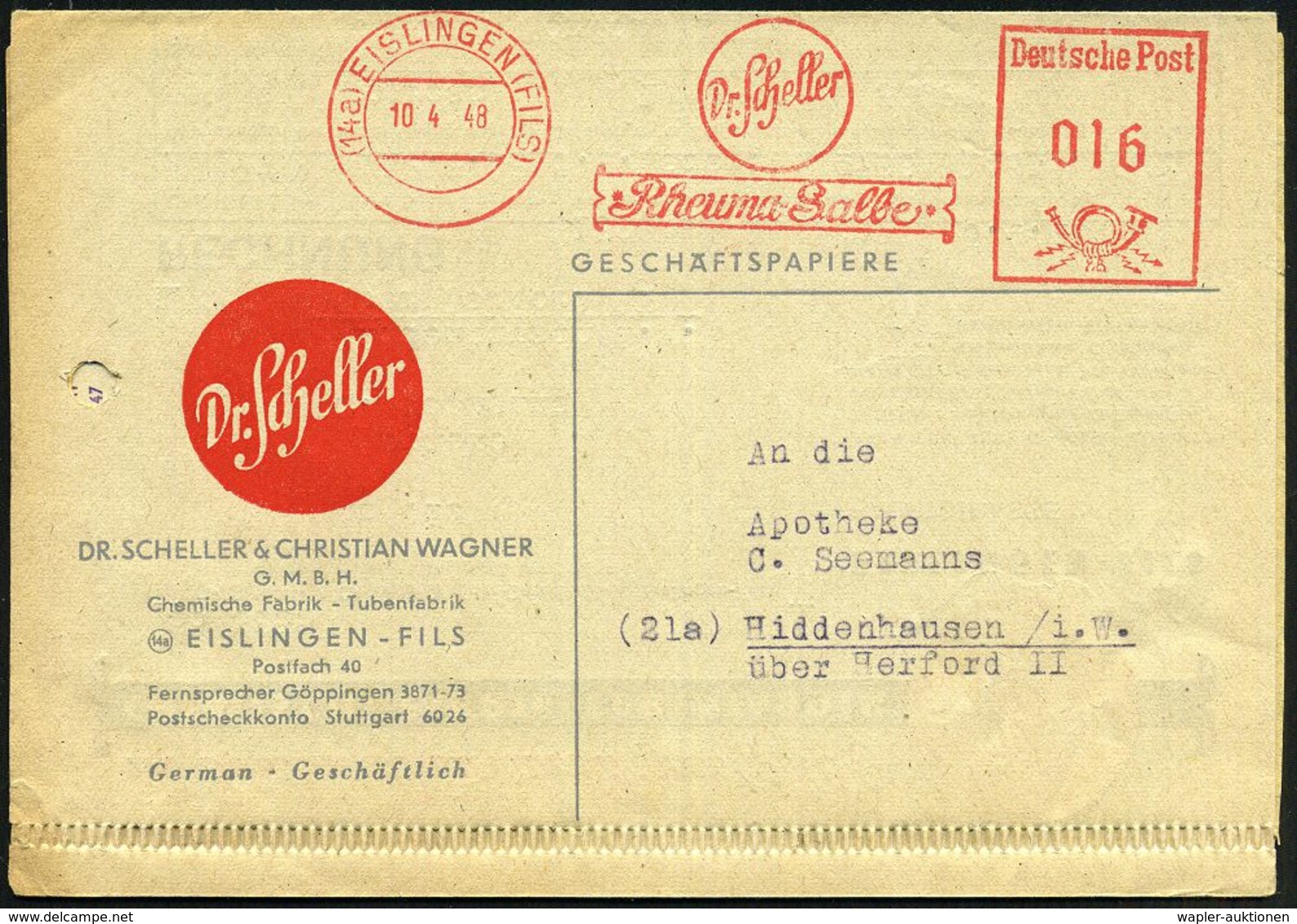 (14a) EISLINGEN (FILS)/ Dr.Scheller/ Rheuma-Salbe 1948 (10.4.) AFS Klar Auf Firmen-Faltbf. (1x Gelocht) Innen Pharma-Rek - Maladies