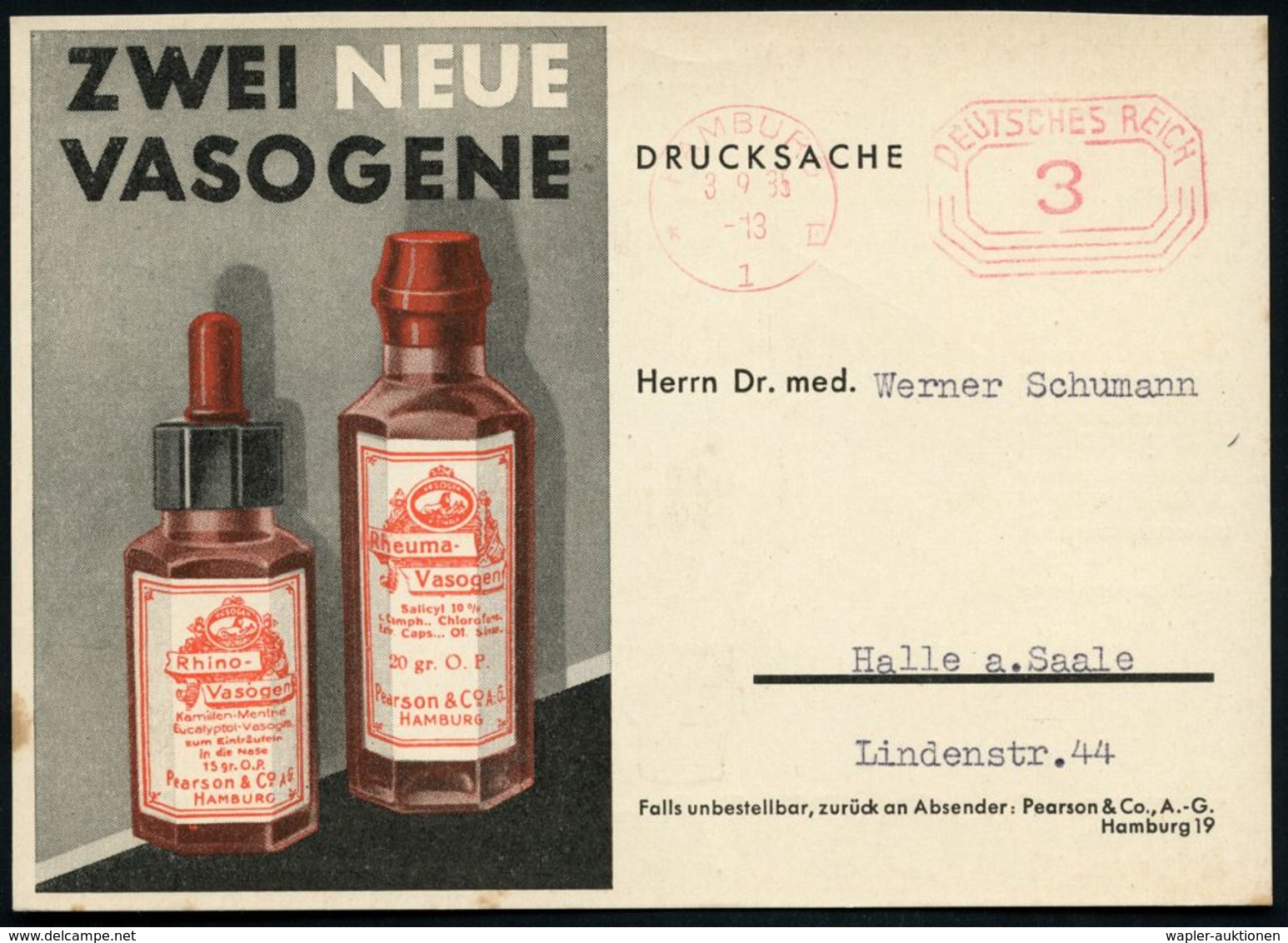 HAMBURG/ *1v 1935 (3.9.) PFS 3 Pf. Auf Color-Reklame-Kt.: RHEUMA-VASOGEN.. Pearson & Co. (Arznei-Flaschen) Dekorat. Inl. - Maladies